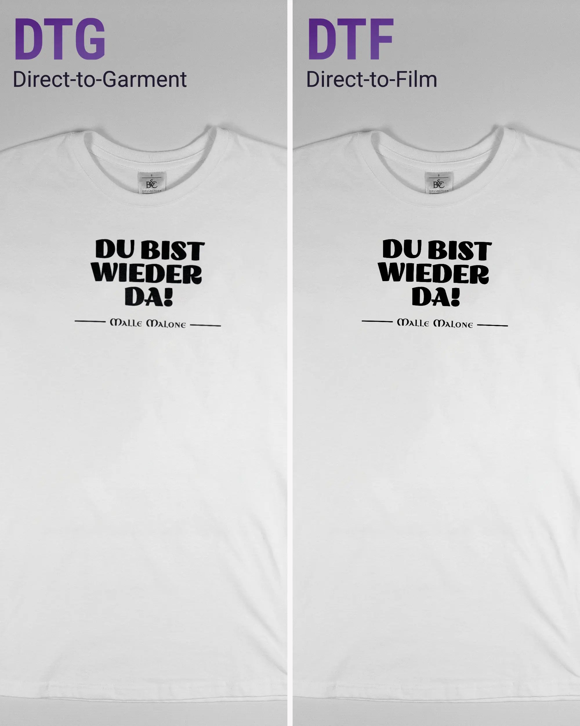 Vergleich der Vorderseiten des Basic Unisex T-Shirt Soft von Maondo mit dem Design Wieder da in der Farbe White und in der Größe S links mit dem Direct-to-Garment und rechts mit dem Direct-to-Film Verfahren