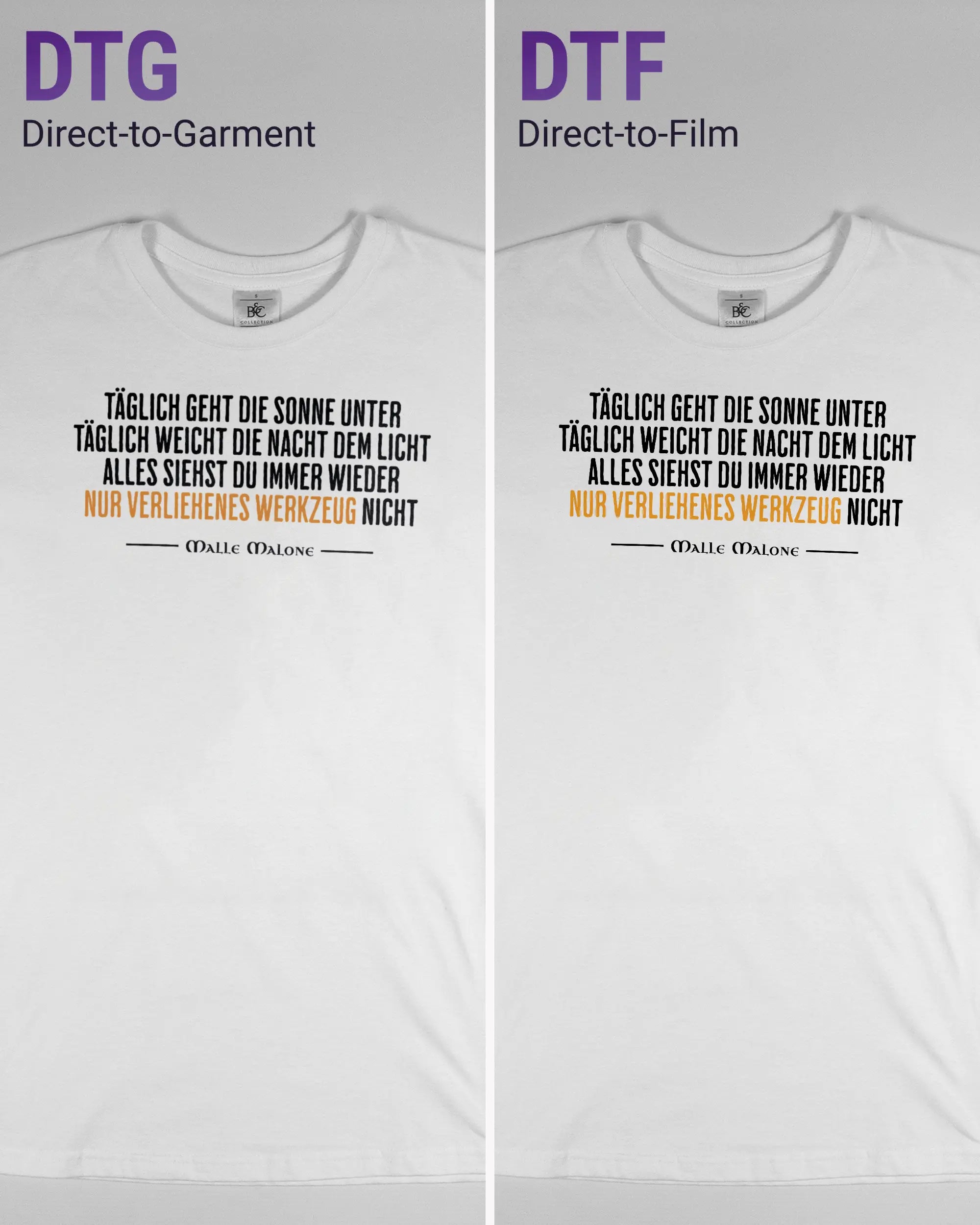 Vergleich der Vorderseiten des Basic Unisex T-Shirt Soft von Maondo mit dem Design Wegzeug in der Farbe White und in der Größe S links mit dem Direct-to-Garment und rechts mit dem Direct-to-Film Verfahren