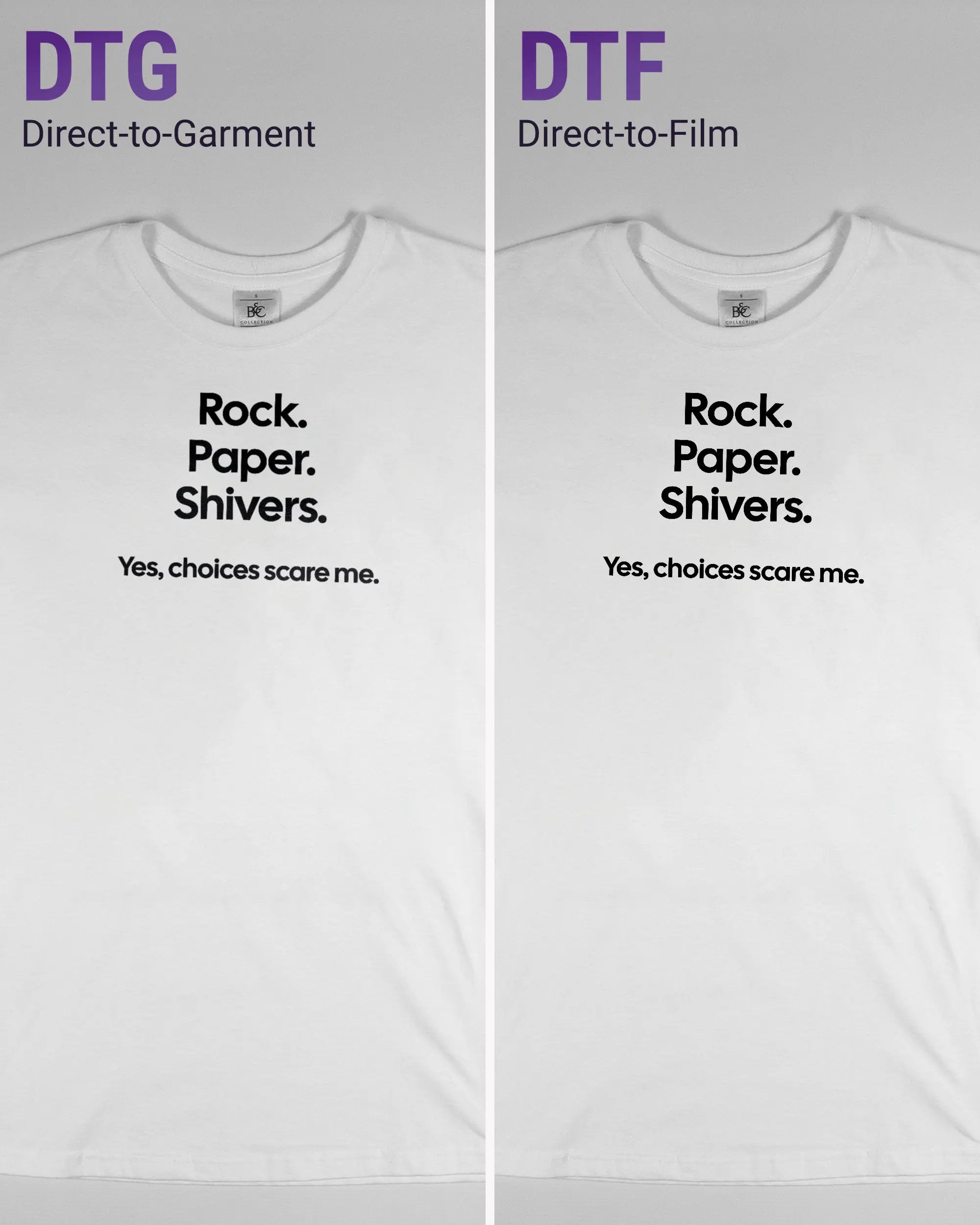 Vergleich der Vorderseiten des Basic Unisex T-Shirt Soft von Maondo mit dem Design Rock Paper Shivers in der Farbe White und in der Größe S links mit dem Direct-to-Garment und rechts mit dem Direct-to-Film Verfahren