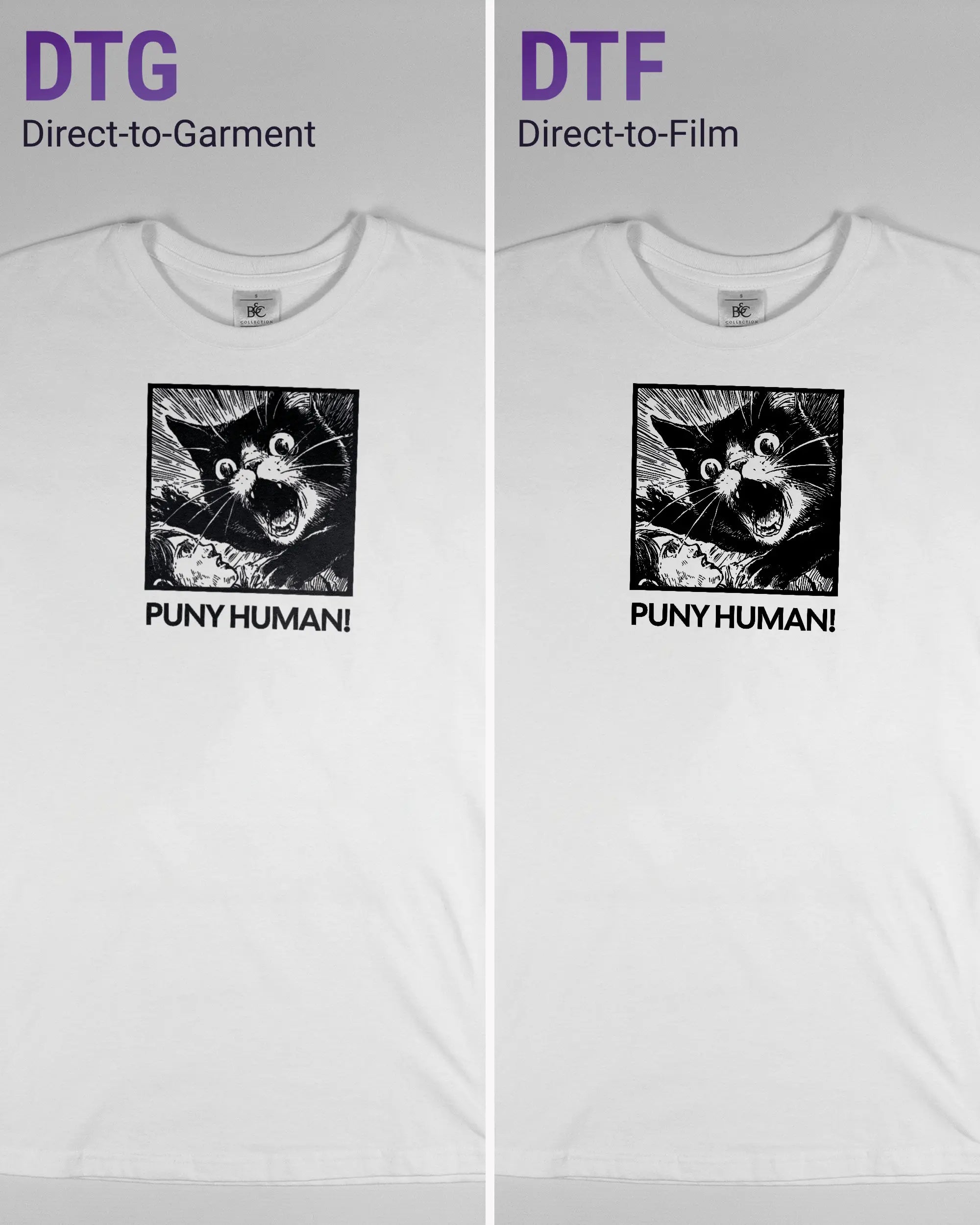 Vergleich der Vorderseiten des Basic Unisex T-Shirt Soft von Maondo mit dem Design Puny Human in der Farbe White und in der Größe S links mit dem Direct-to-Garment und rechts mit dem Direct-to-Film Verfahren