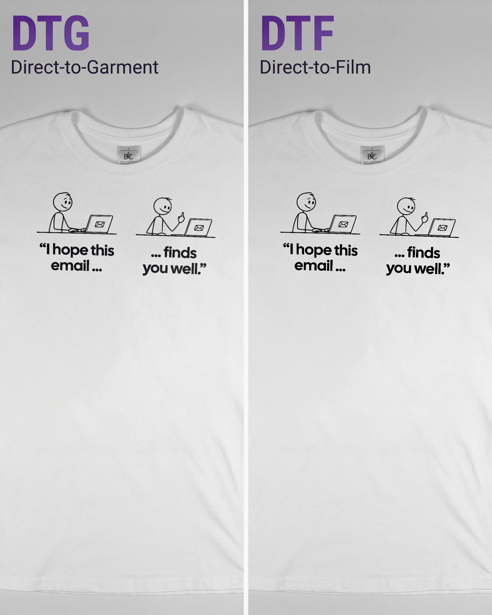 Vergleich der Vorderseiten des Basic Unisex T-Shirt Soft von Maondo mit dem Design Found me not well in der Farbe White und in der Größe S links mit dem Direct-to-Garment und rechts mit dem Direct-to-Film Verfahren