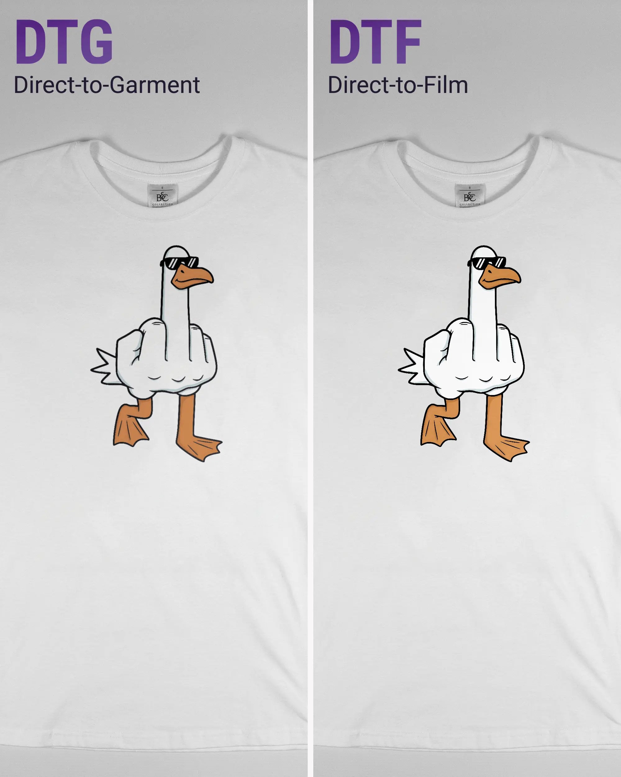 Vergleich der Vorderseiten des Basic Unisex T-Shirt Soft von Maondo mit dem Design I give a duck in der Farbe White und in der Größe S links mit dem Direct-to-Garment und rechts mit dem Direct-to-Film Verfahren