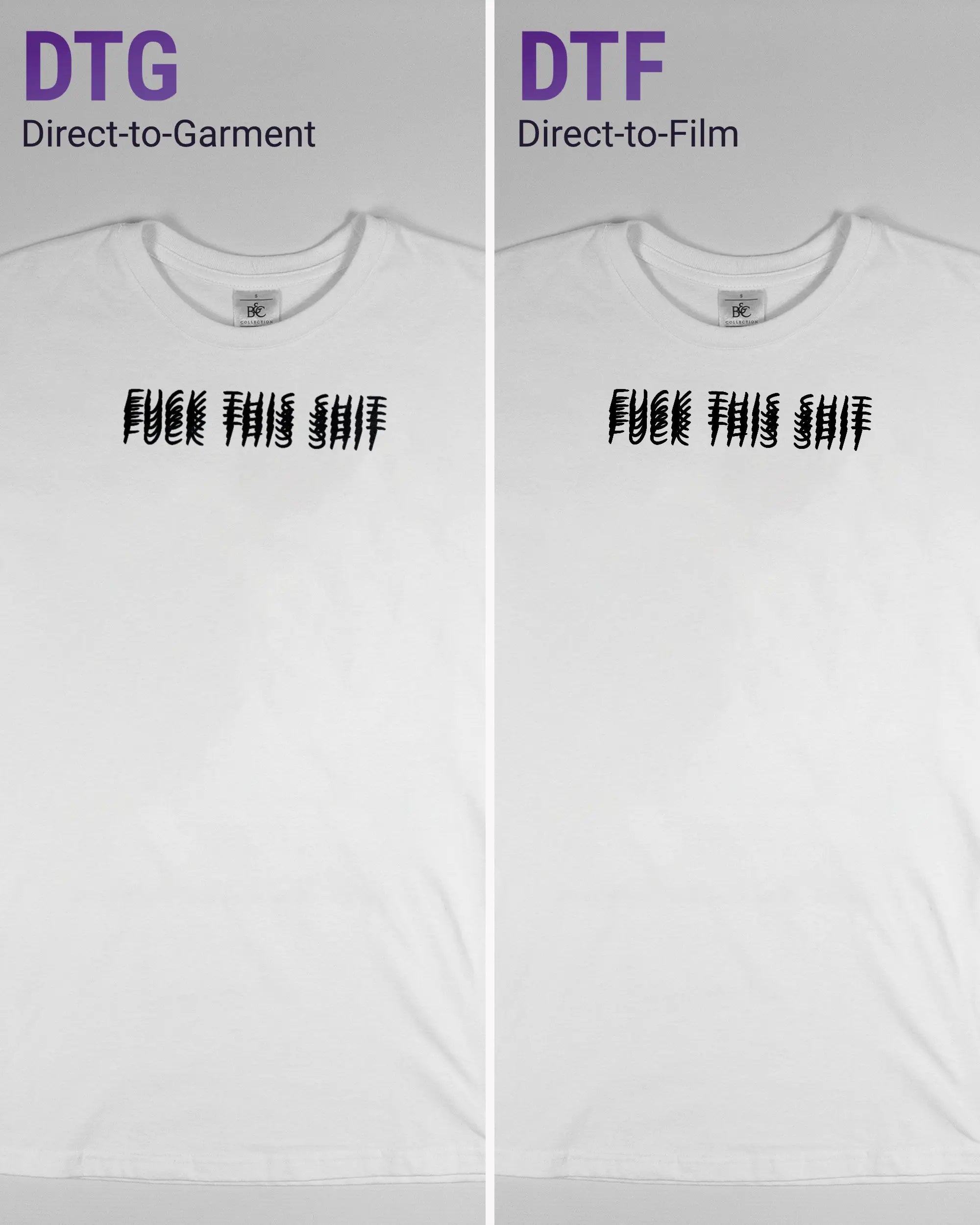 Vergleich der Vorderseiten des Basic Unisex T-Shirt Soft von Maondo mit dem Design Hidden Message in der Farbe White und in der Größe S links mit dem Direct-to-Garment und rechts mit dem Direct-to-Film Verfahren