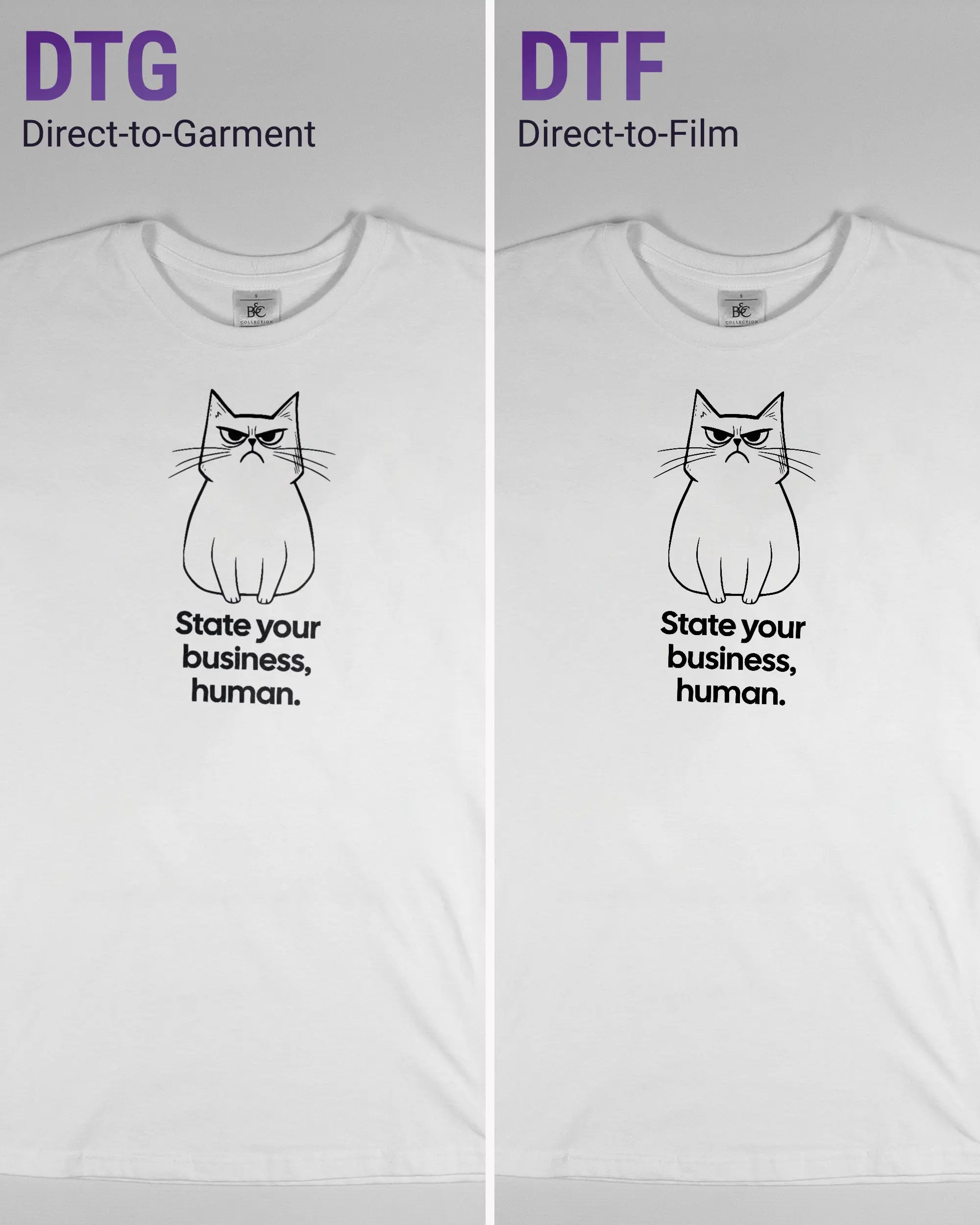 Vergleich der Vorderseiten des Basic Unisex T-Shirt Soft von Maondo mit dem Design Grumpy Purr in der Farbe White und in der Größe S links mit dem Direct-to-Garment und rechts mit dem Direct-to-Film Verfahren