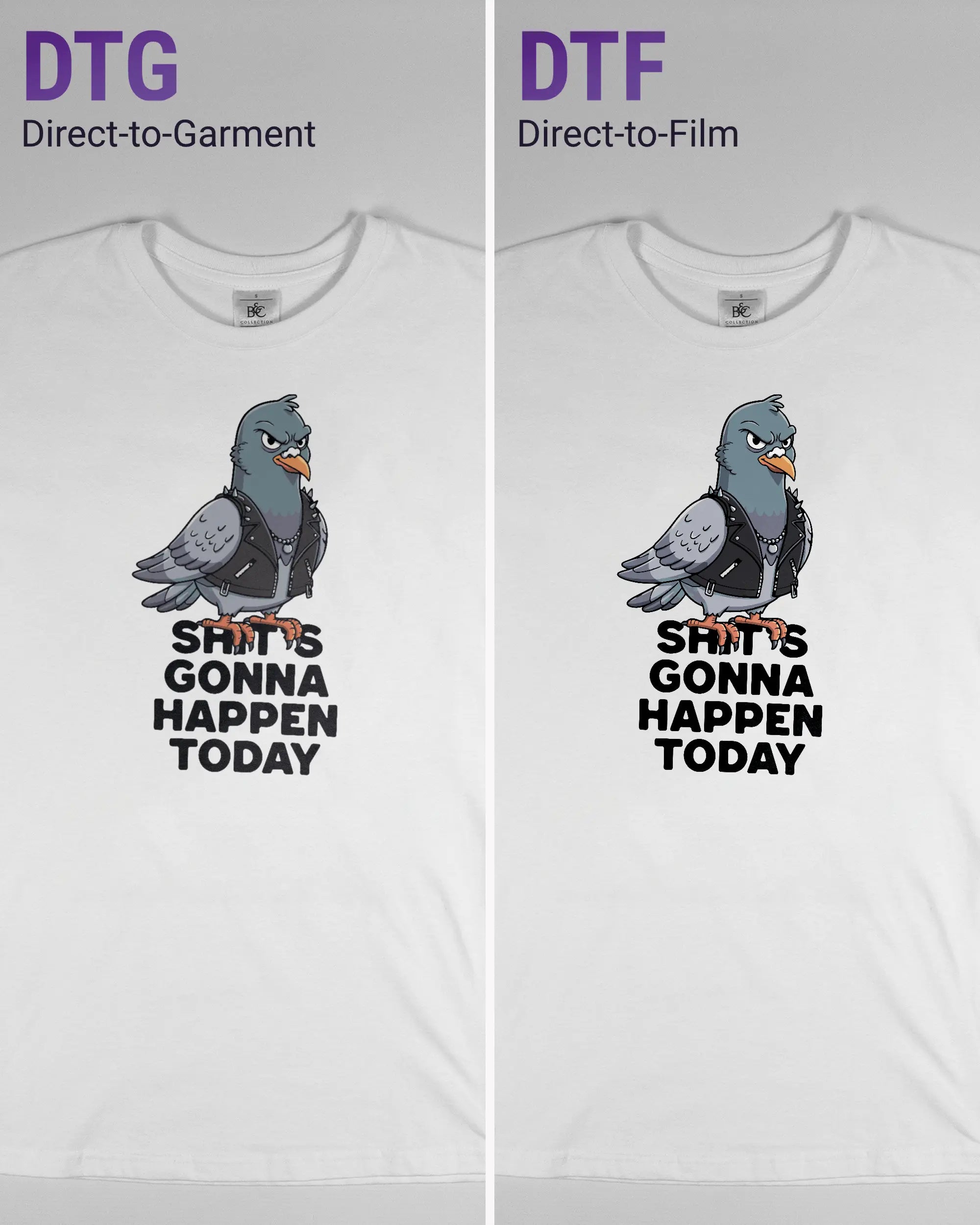 Vergleich der Vorderseiten des Basic Unisex T-Shirt Soft von Maondo mit dem Design Pigeon Pun in der Farbe White und in der Größe S links mit dem Direct-to-Garment und rechts mit dem Direct-to-Film Verfahren