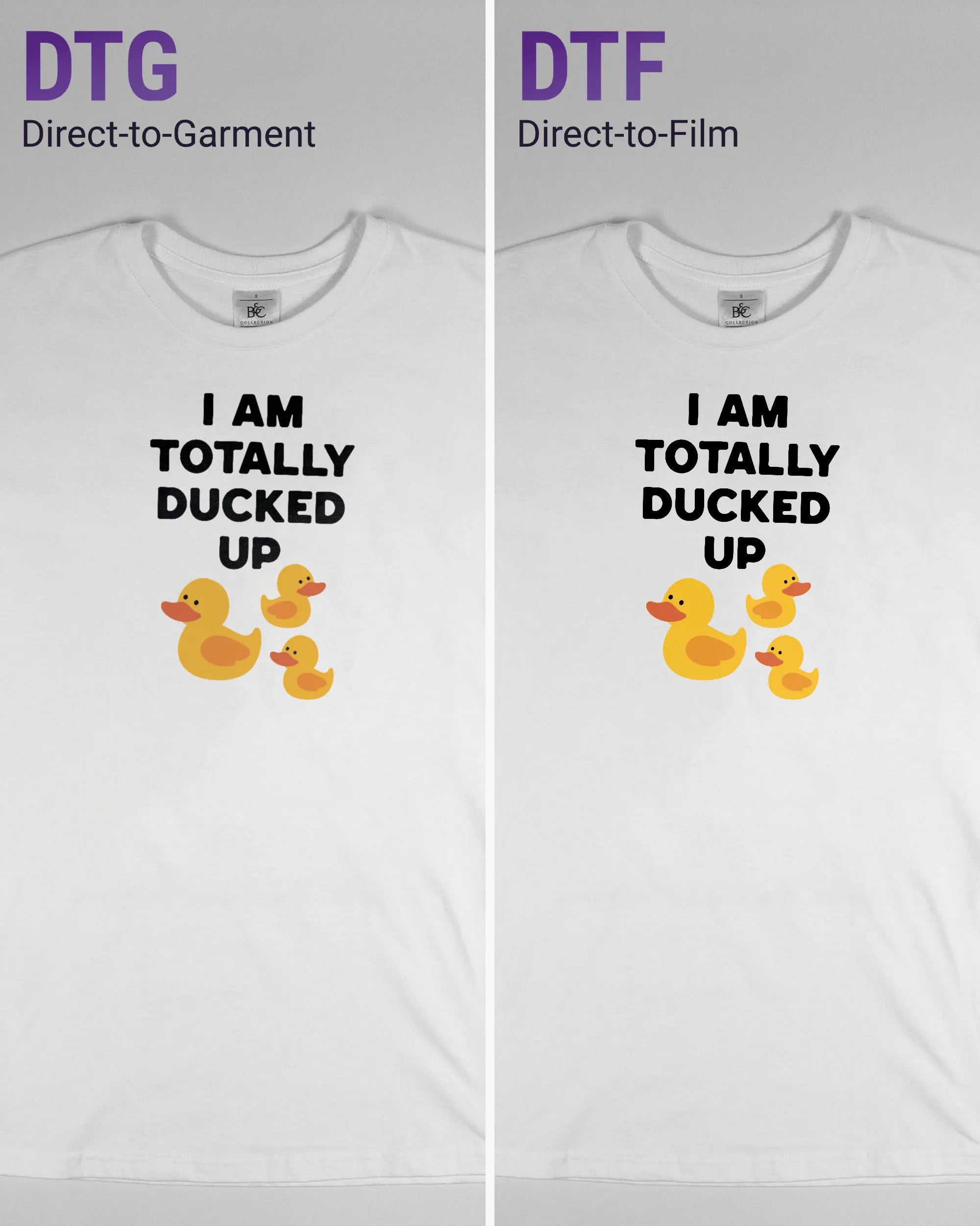 Vergleich der Vorderseiten des Basic Unisex T-Shirt Soft von Maondo mit dem Design Ducked Up in der Farbe White und in der Größe S links mit dem Direct-to-Garment und rechts mit dem Direct-to-Film Verfahren