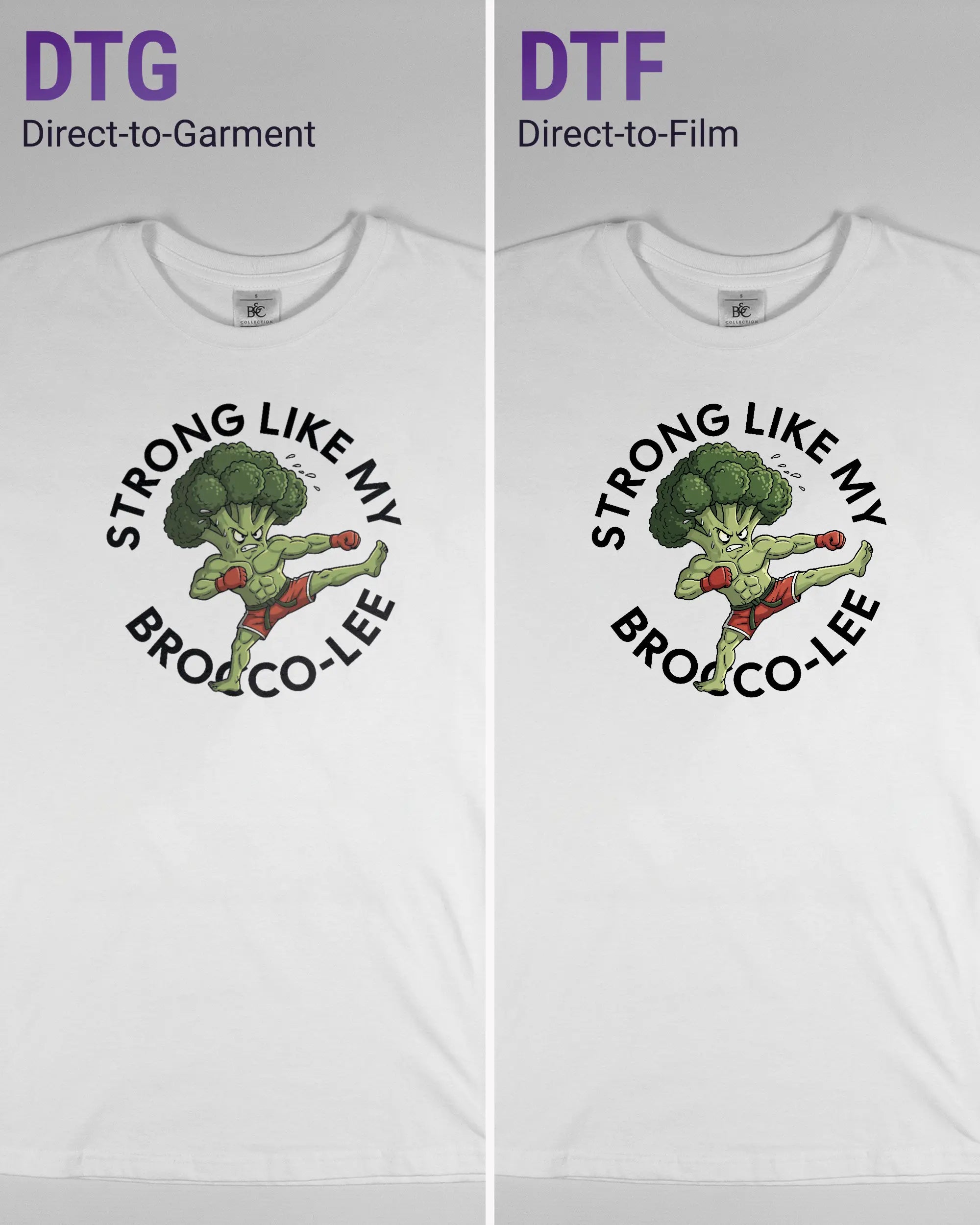 Vergleich der Vorderseiten des Basic Unisex T-Shirt Soft von Maondo mit dem Design Brocco-Lee in der Farbe White und in der Größe S links mit dem Direct-to-Garment und rechts mit dem Direct-to-Film Verfahren