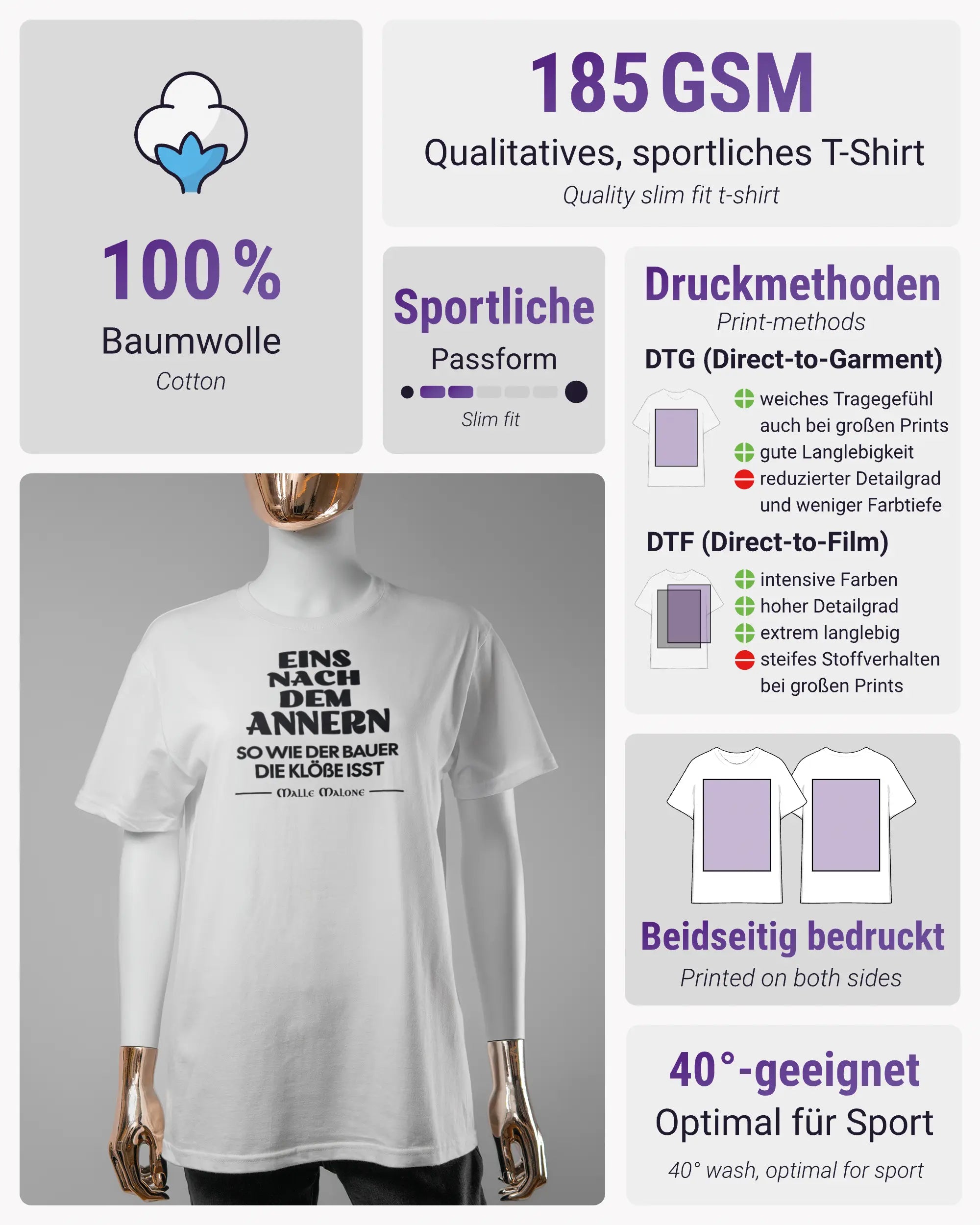 Produktinformationsblatt des Basic Unisex T-Shirt Soft von Maondo mit dem Design Eins nach dem Annern vorne in der Farbe White und in der Größe S