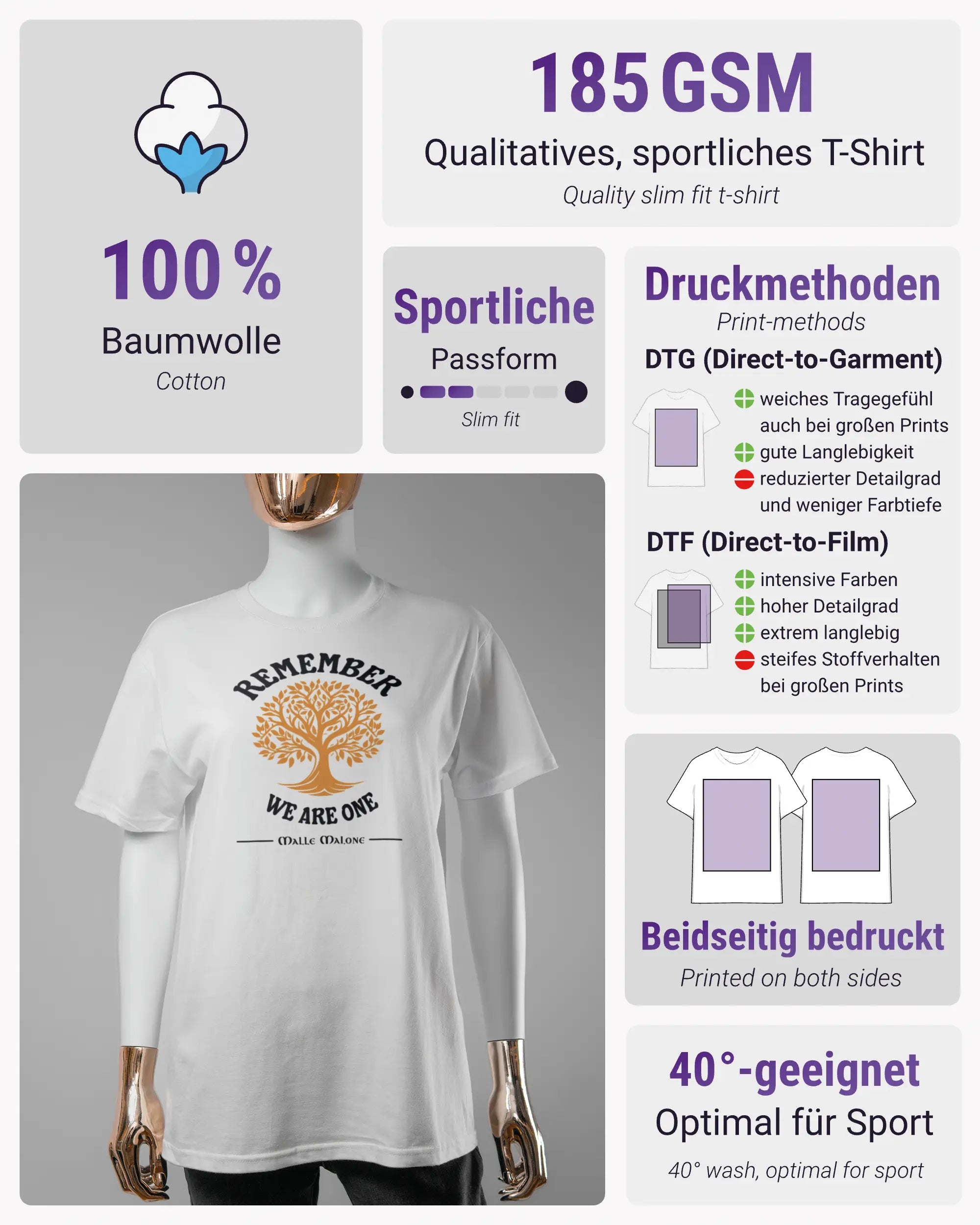 Produktinformationsblatt des Basic Unisex T-Shirt Soft von Maondo mit dem Design We are one vorne in der Farbe White und in der Größe S