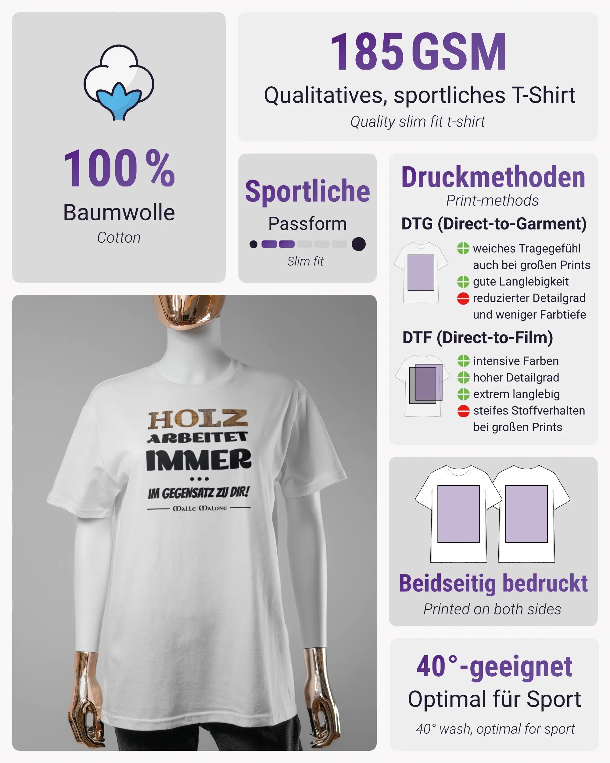 Produktinformationsblatt des Basic Unisex T-Shirt Soft von Maondo mit dem Design Holzarbeit vorne in der Farbe White und in der Größe S