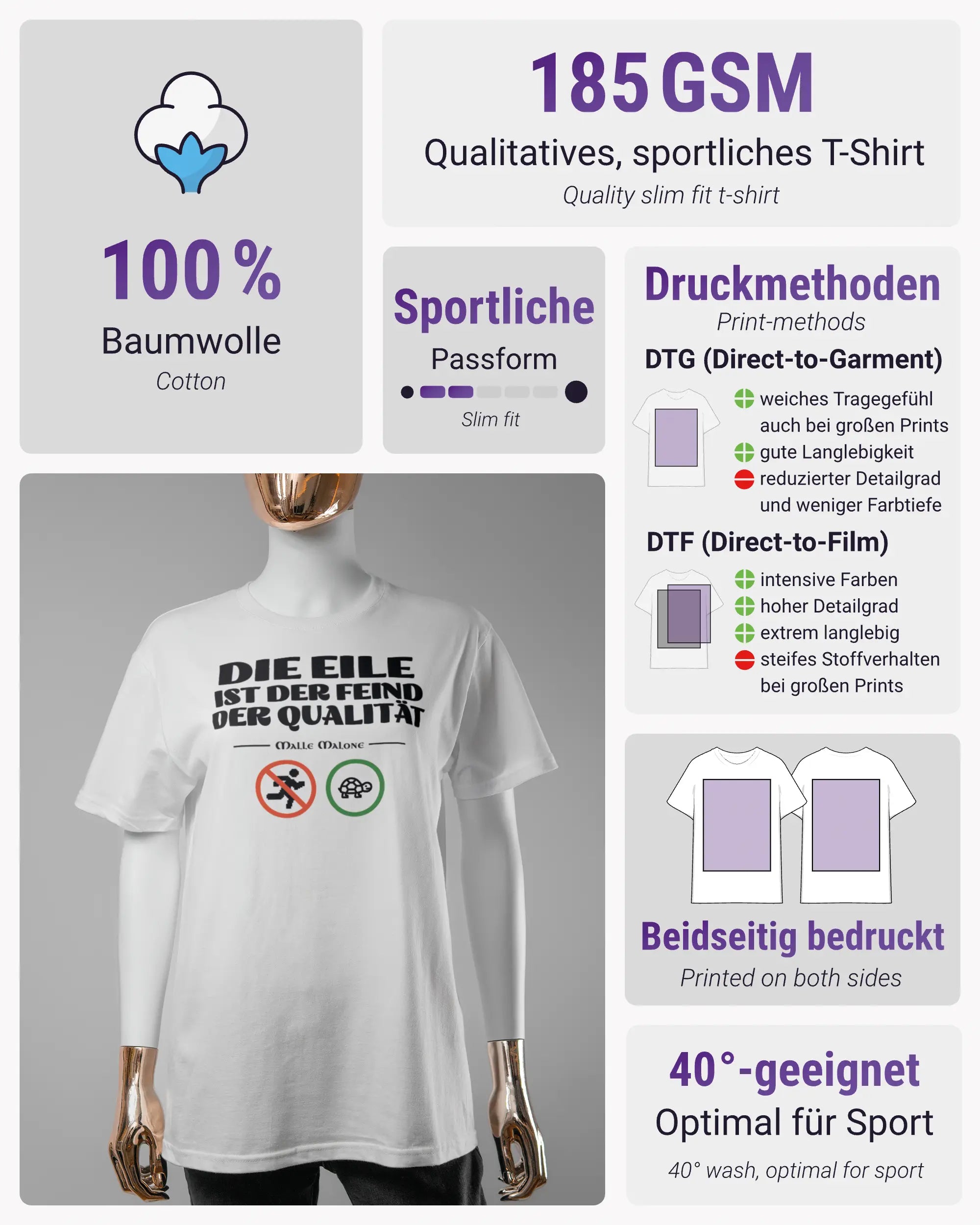 Produktinformationsblatt des Basic Unisex T-Shirt Soft von Maondo mit dem Design Keine Eile vorne in der Farbe White und in der Größe S