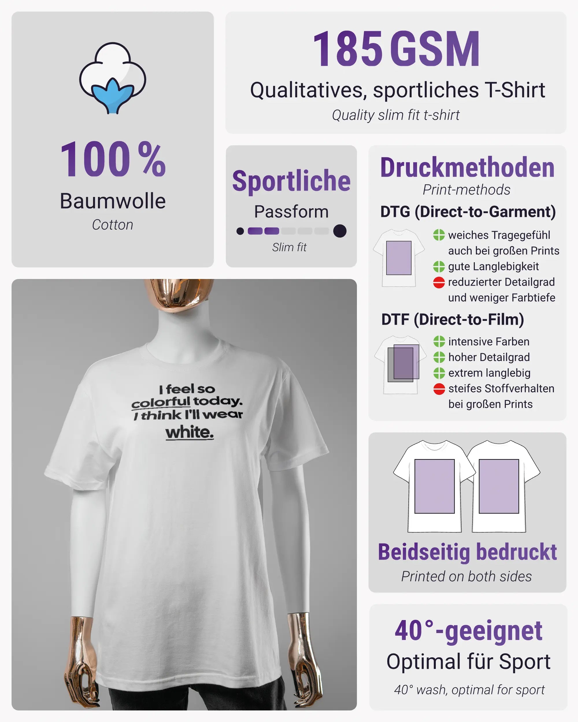Produktinformationsblatt des Basic Unisex T-Shirt Slim von Maondo mit dem Design Colorful Day vorne in der Farbe White und in der Größe S