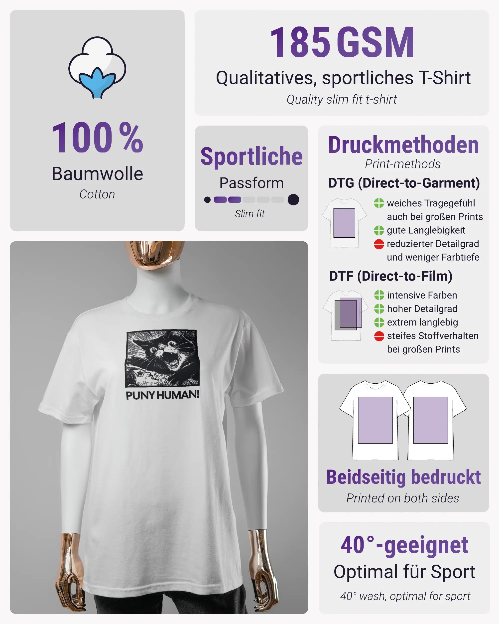 Produktinformationsblatt des Basic Unisex T-Shirt Soft von Maondo mit dem Design Puny Human vorne in der Farbe White und in der Größe S