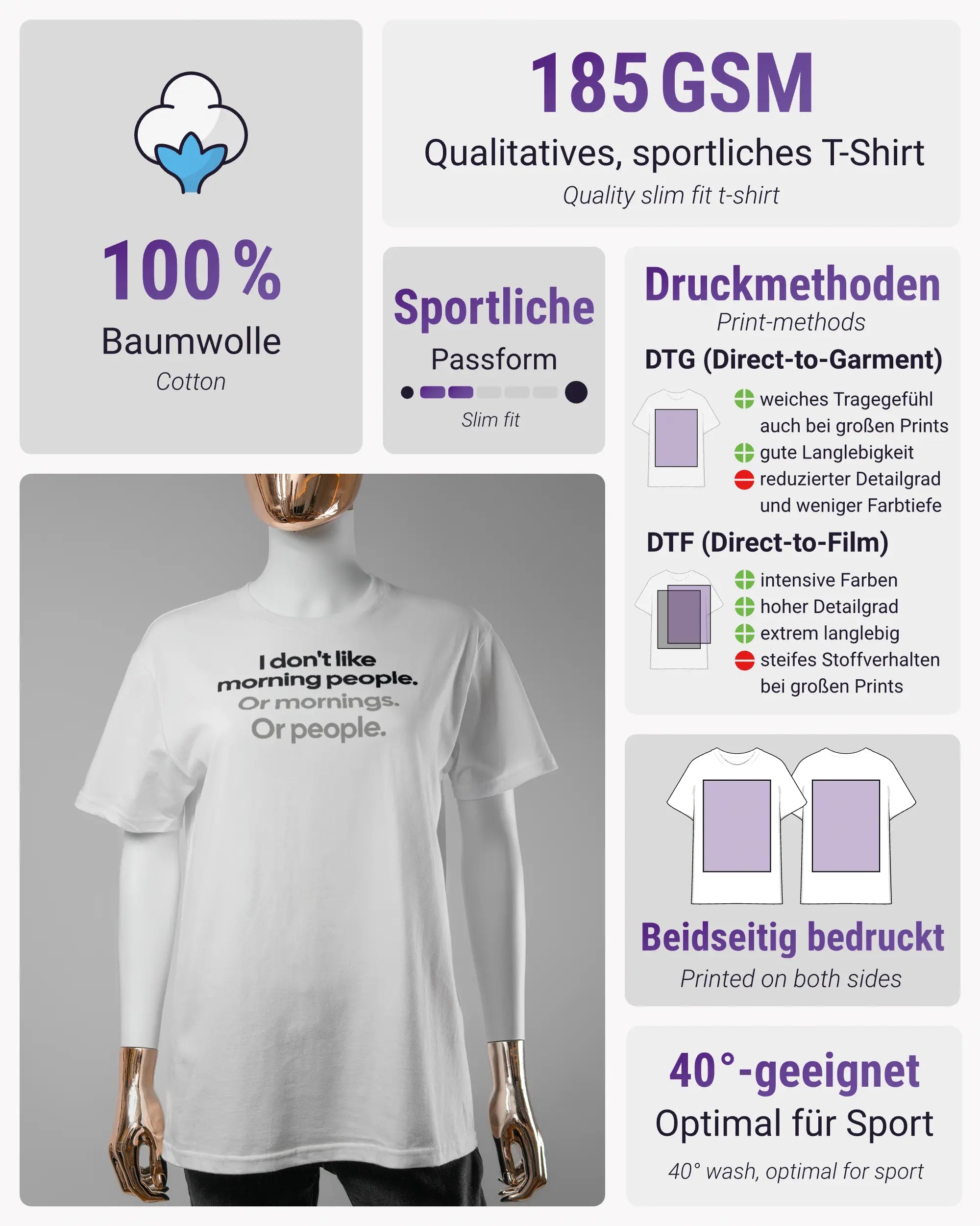 Produktinformationsblatt des Basic Unisex T-Shirt Soft von Maondo mit dem Design Morning Person vorne in der Farbe White und in der Größe S