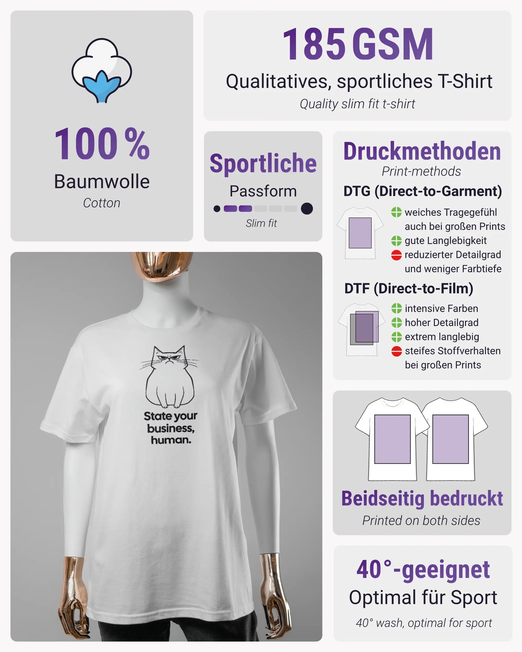 Produktinformationsblatt des Basic Unisex T-Shirt Soft von Maondo mit dem Design Grumpy Purr vorne in der Farbe White und in der Größe S