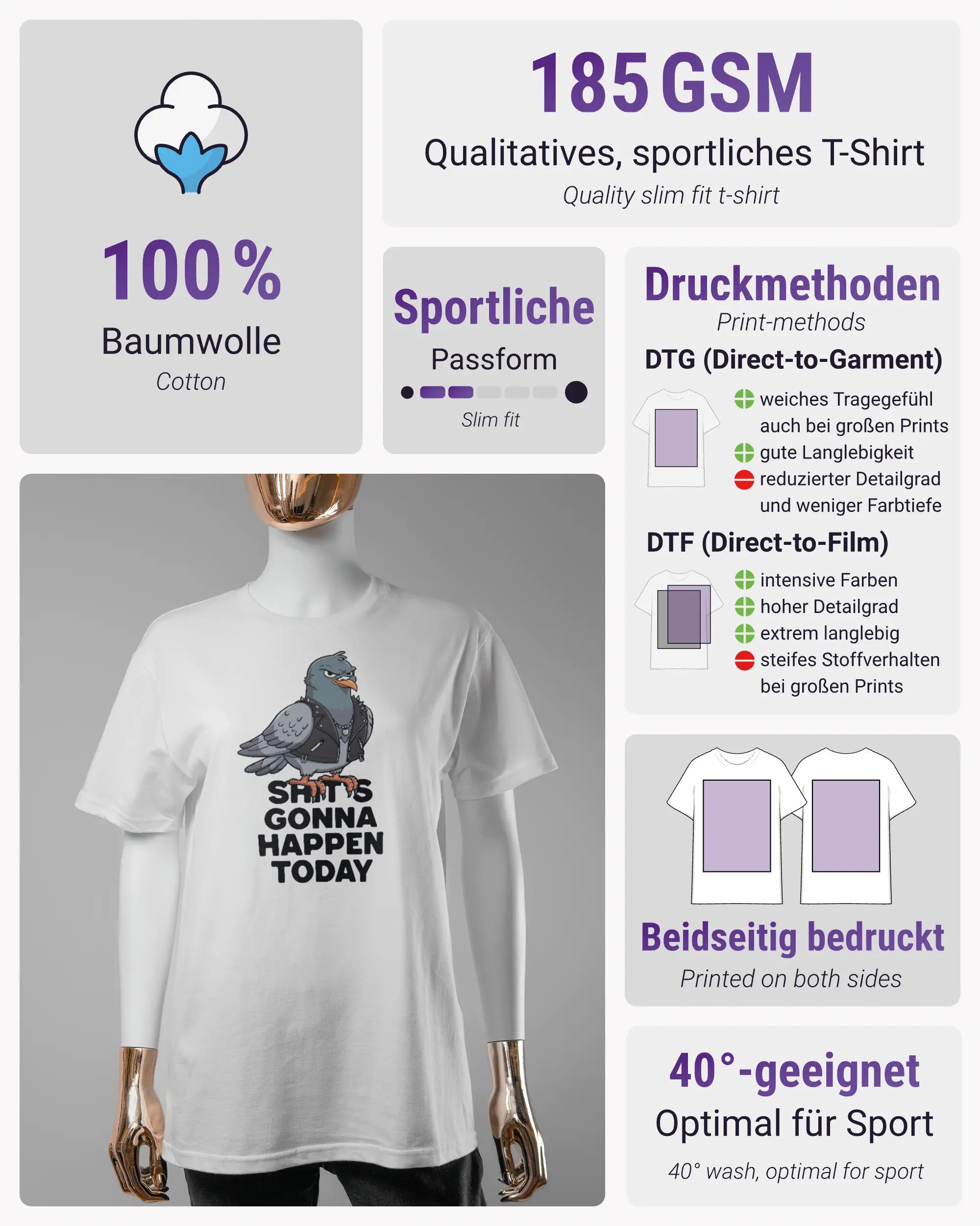 Produktinformationsblatt des Basic Unisex T-Shirt Soft von Maondo mit dem Design Pigeon Pun vorne in der Farbe White und in der Größe S