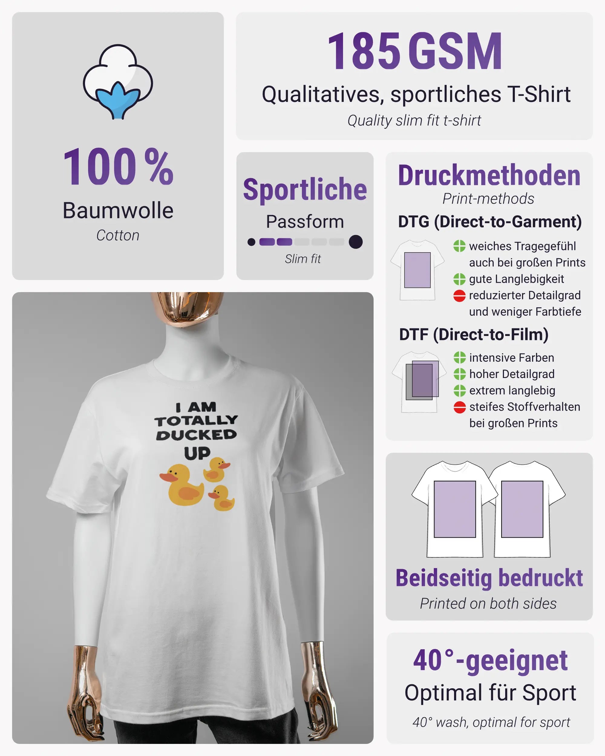 Produktinformationsblatt des Basic Unisex T-Shirt Soft von Maondo mit dem Design Ducked Up vorne in der Farbe White und in der Größe S