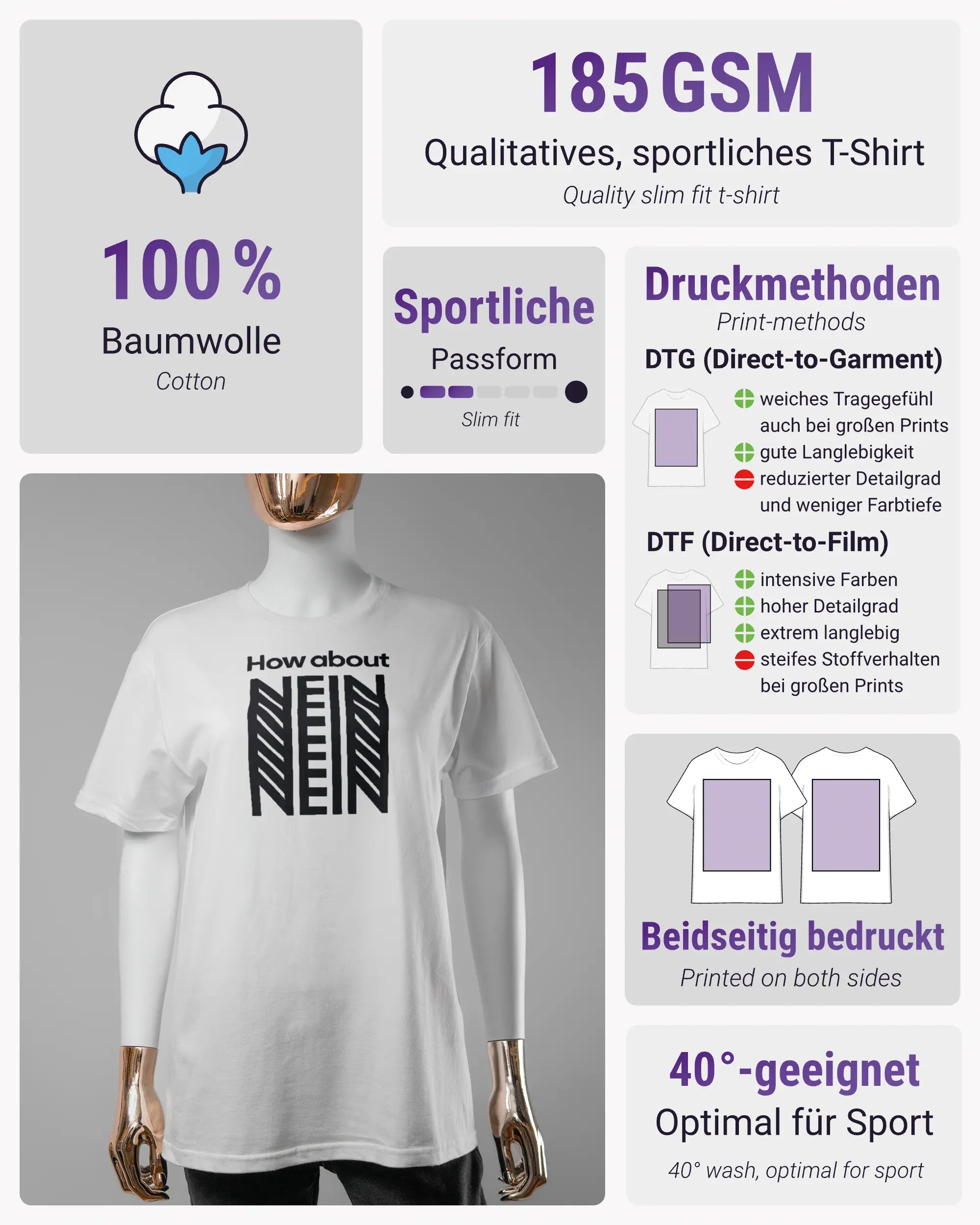 Produktinformationsblatt des Basic Unisex T-Shirt Soft von Maondo mit dem Design How about nein vorne in der Farbe White und in der Größe S
