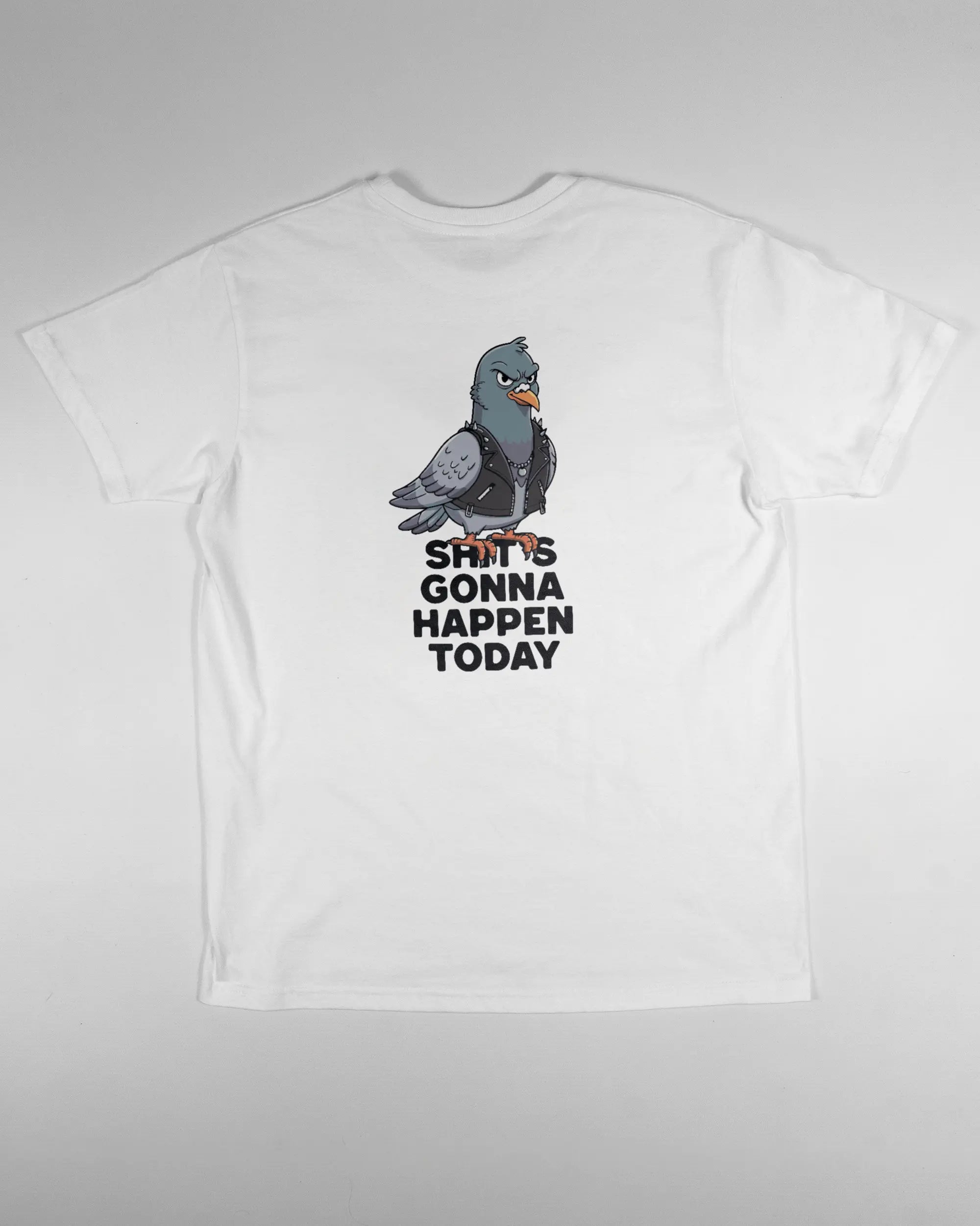 Rückseite des Basic Unisex T-Shirt Soft von Maondo mit dem Design Pigeon Pun in der Farbe White und in der Größe S flach auf den Boden gelegt