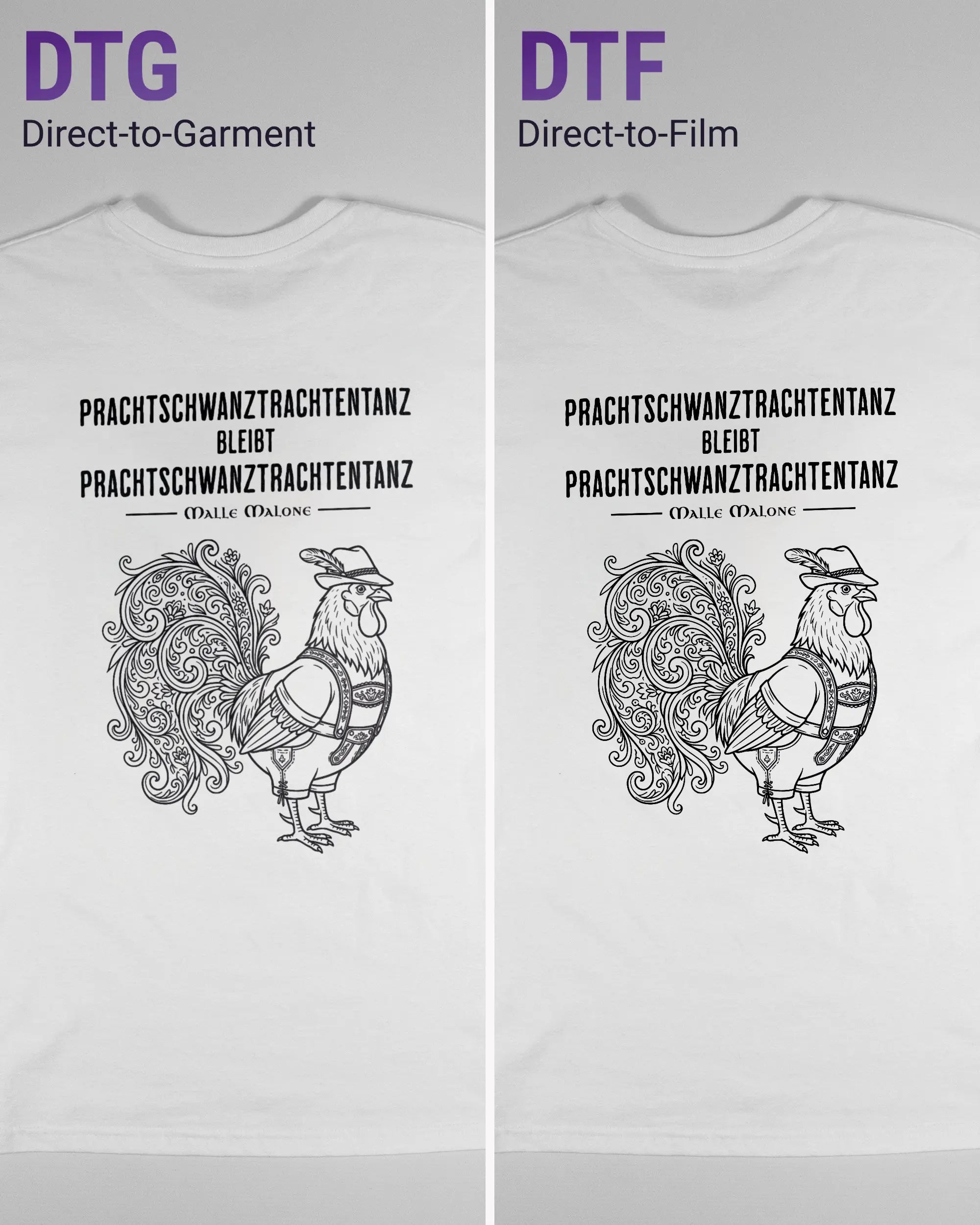 Vergleich der Rückseiten des Basic Unisex T-Shirt Soft von Maondo mit dem Design Trachtentanz in der Farbe White und in der Größe S links mit dem Direct-to-Garment und rechts mit dem Direct-to-Film Verfahren
