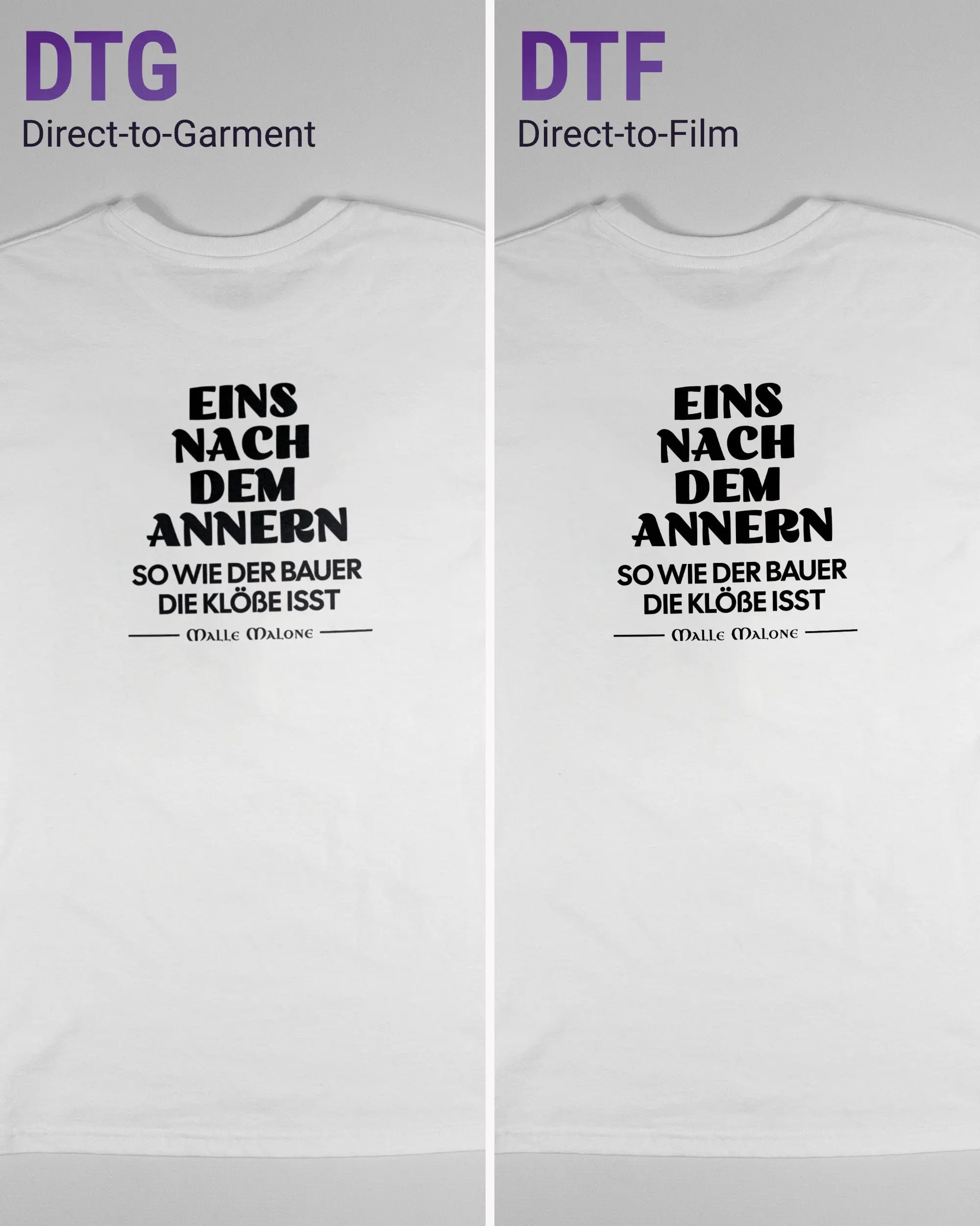 Vergleich der Rückseiten des Basic Unisex T-Shirt Soft von Maondo mit dem Design Eins nach dem Annern in der Farbe White und in der Größe S links mit dem Direct-to-Garment und rechts mit dem Direct-to-Film Verfahren