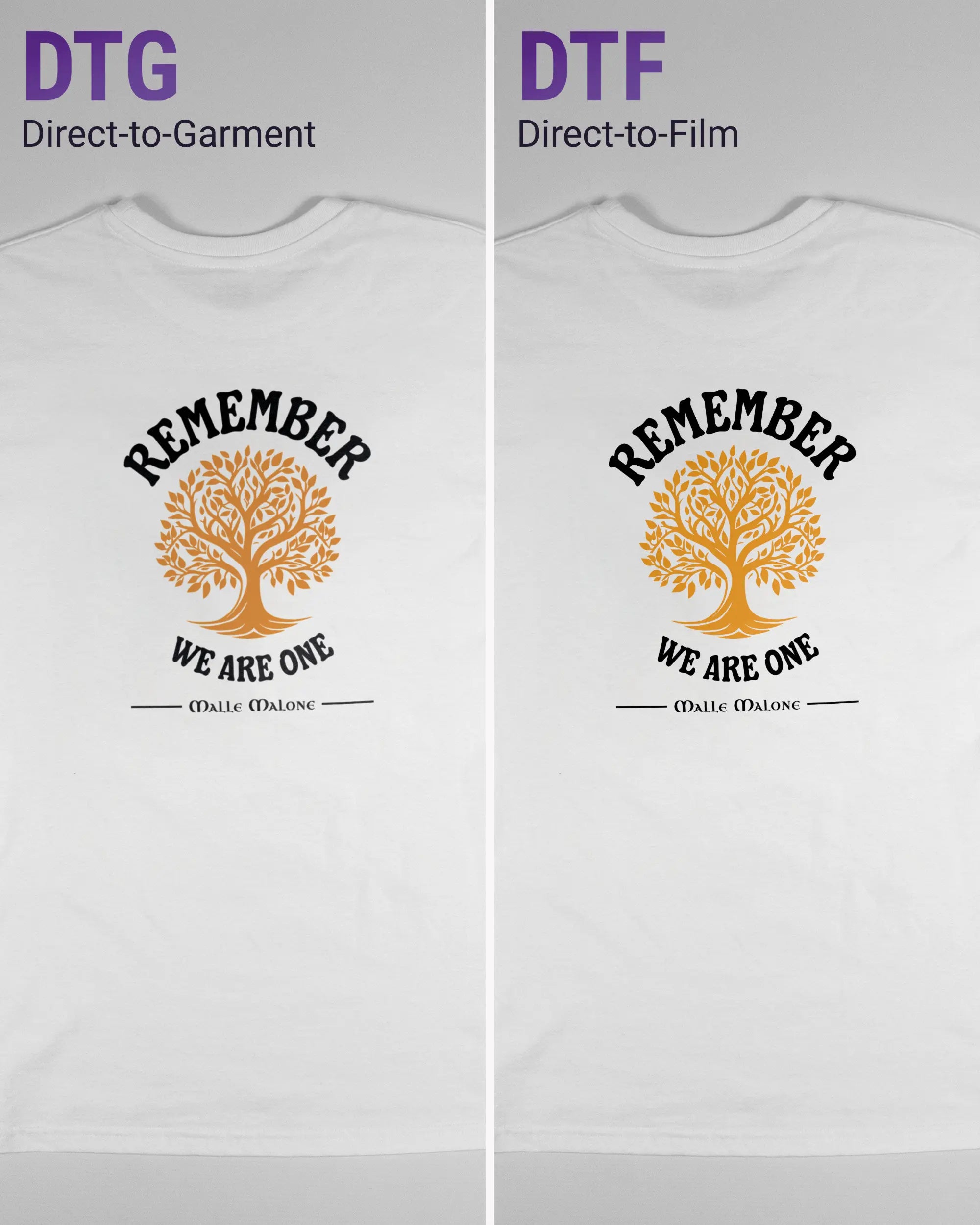 Vergleich der Rückseiten des Basic Unisex T-Shirt Soft von Maondo mit dem Design We are one in der Farbe White und in der Größe S links mit dem Direct-to-Garment und rechts mit dem Direct-to-Film Verfahren