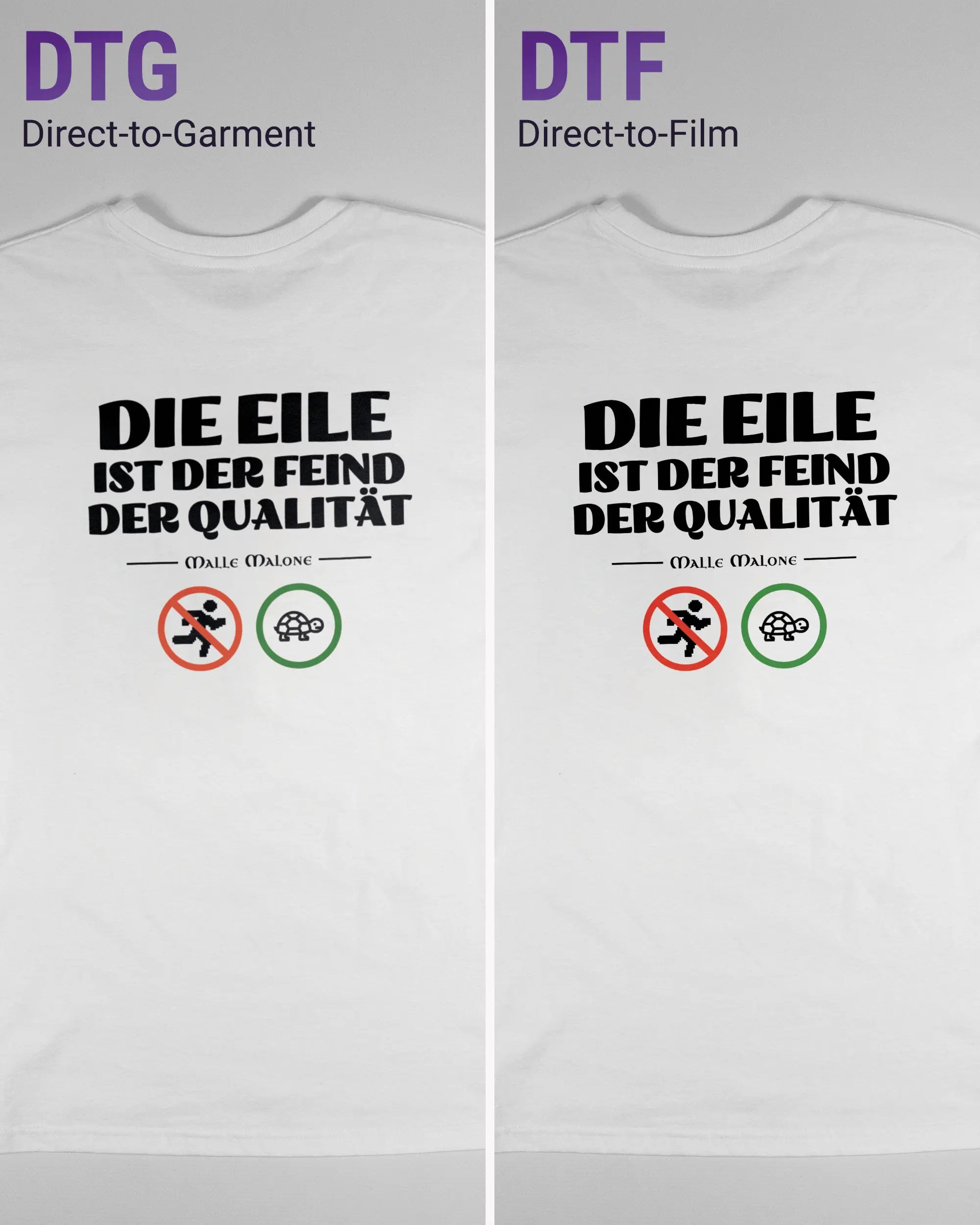 Vergleich der Rückseiten des Basic Unisex T-Shirt Soft von Maondo mit dem Design Keine Eile in der Farbe White und in der Größe S links mit dem Direct-to-Garment und rechts mit dem Direct-to-Film Verfahren