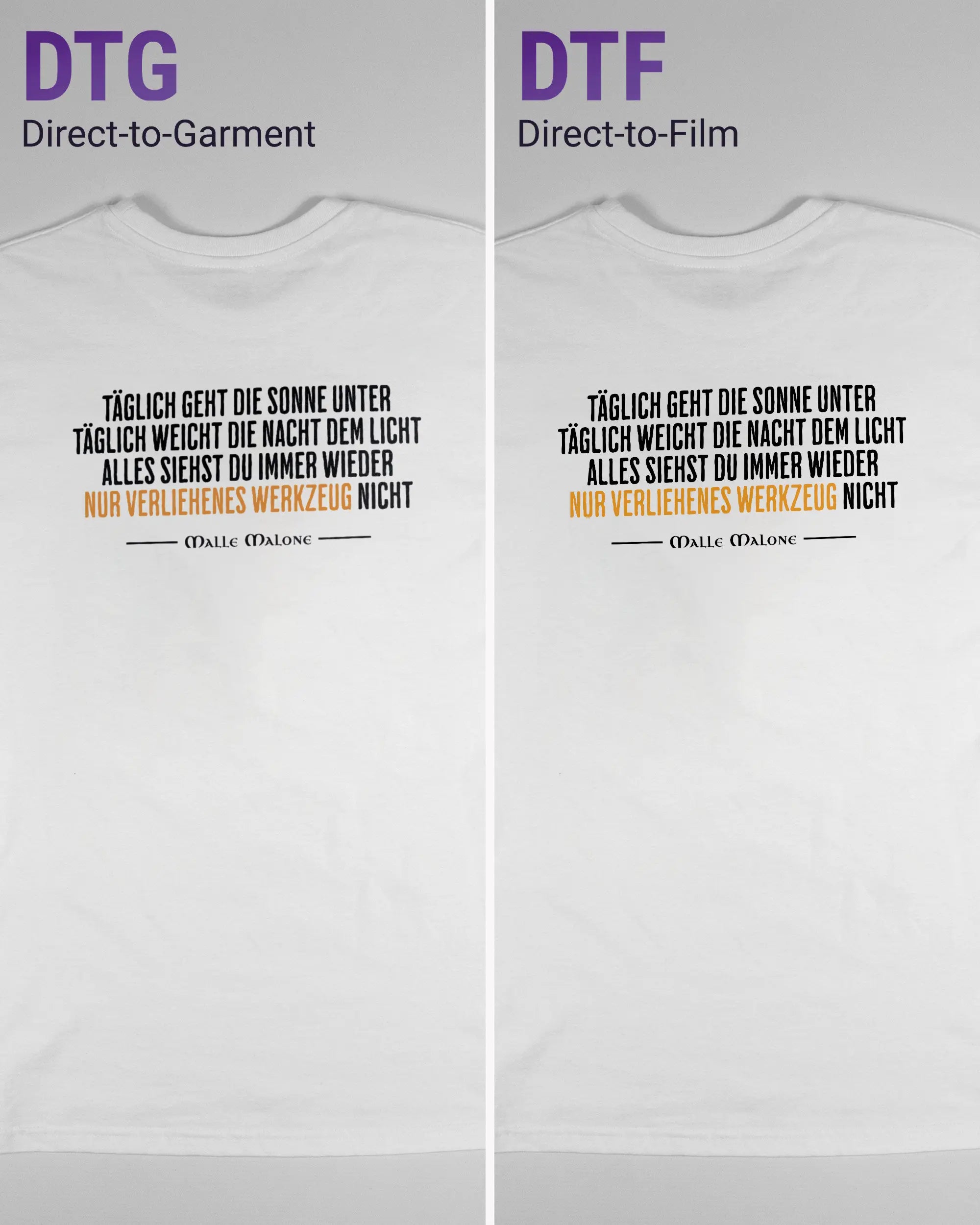 Vergleich der Rückseiten des Basic Unisex T-Shirt Soft von Maondo mit dem Design Wegzeug in der Farbe White und in der Größe S links mit dem Direct-to-Garment und rechts mit dem Direct-to-Film Verfahren