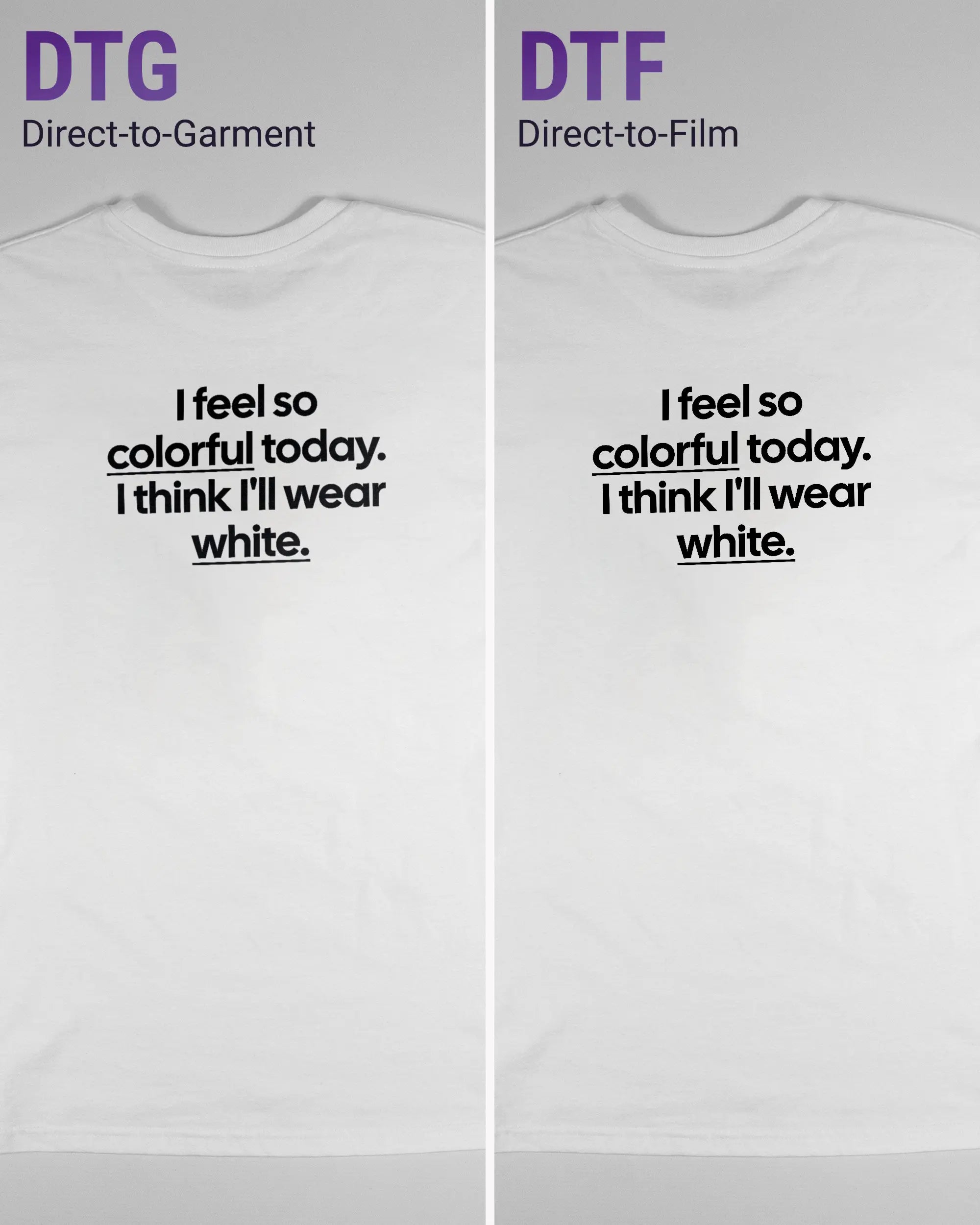 Vergleich der Rückseiten des Basic Unisex T-Shirt Slim von Maondo mit dem Design Colorful Day in der Farbe White und in der Größe S links mit dem Direct-to-Garment und rechts mit dem Direct-to-Film Verfahren