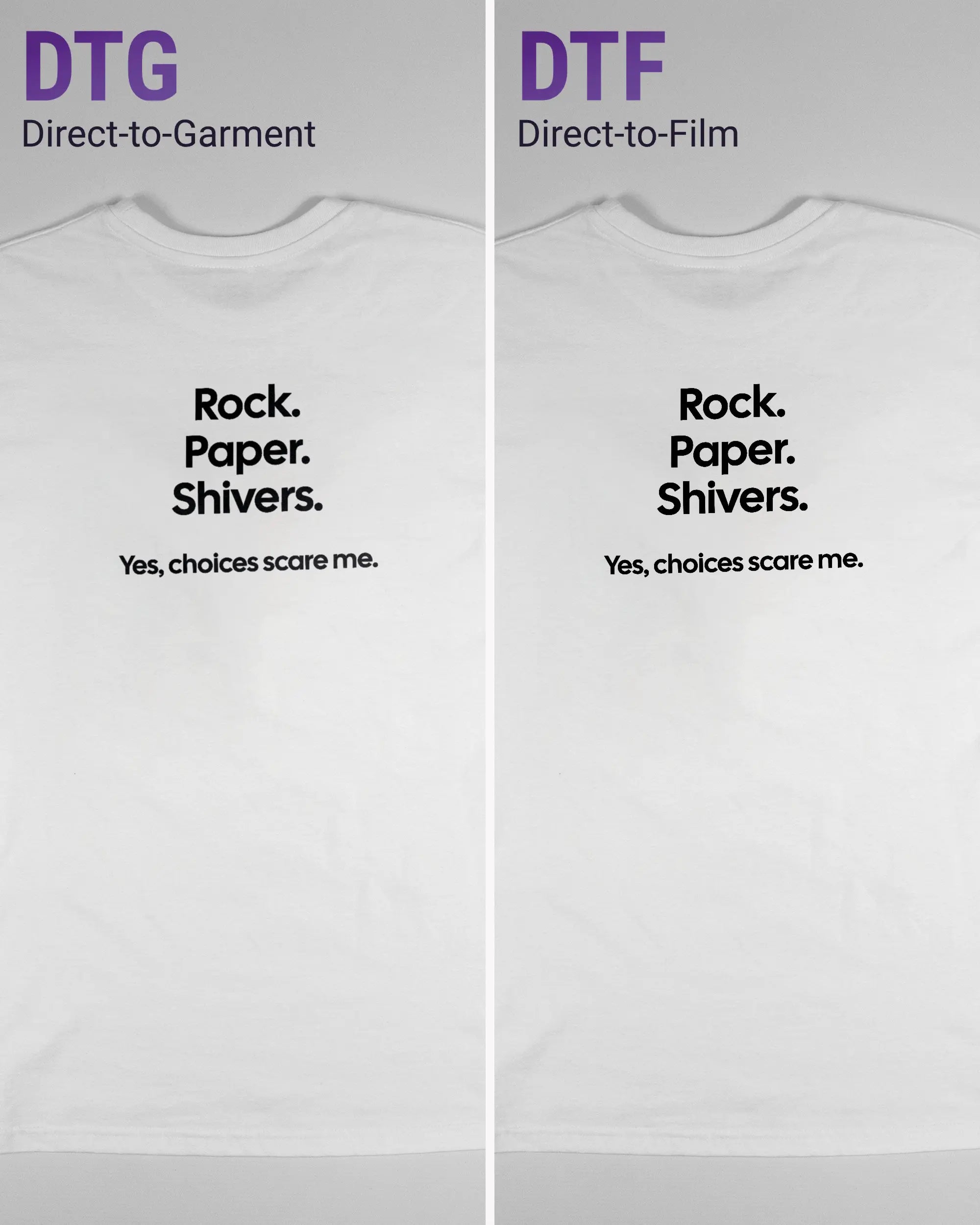 Vergleich der Rückseiten des Basic Unisex T-Shirt Soft von Maondo mit dem Design Rock Paper Shivers in der Farbe White und in der Größe S links mit dem Direct-to-Garment und rechts mit dem Direct-to-Film Verfahren