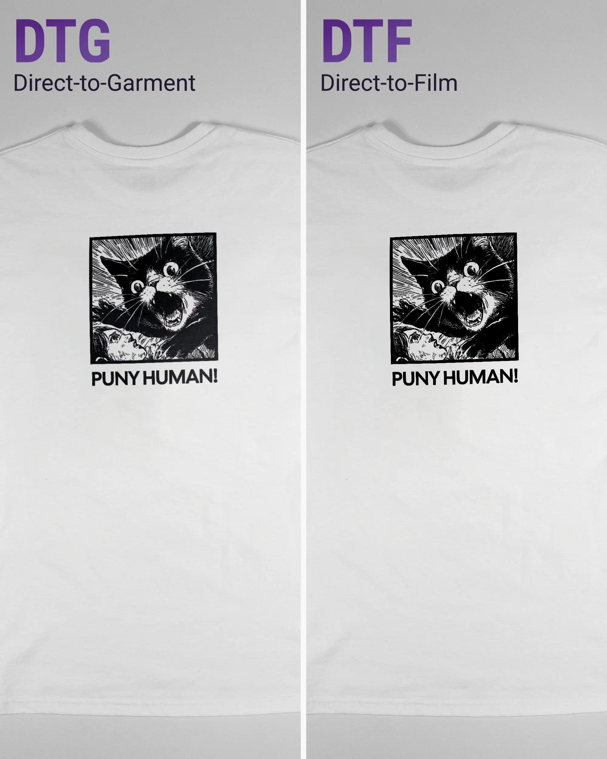 Vergleich der Rückseiten des Basic Unisex T-Shirt Soft von Maondo mit dem Design Puny Human in der Farbe White und in der Größe S links mit dem Direct-to-Garment und rechts mit dem Direct-to-Film Verfahren