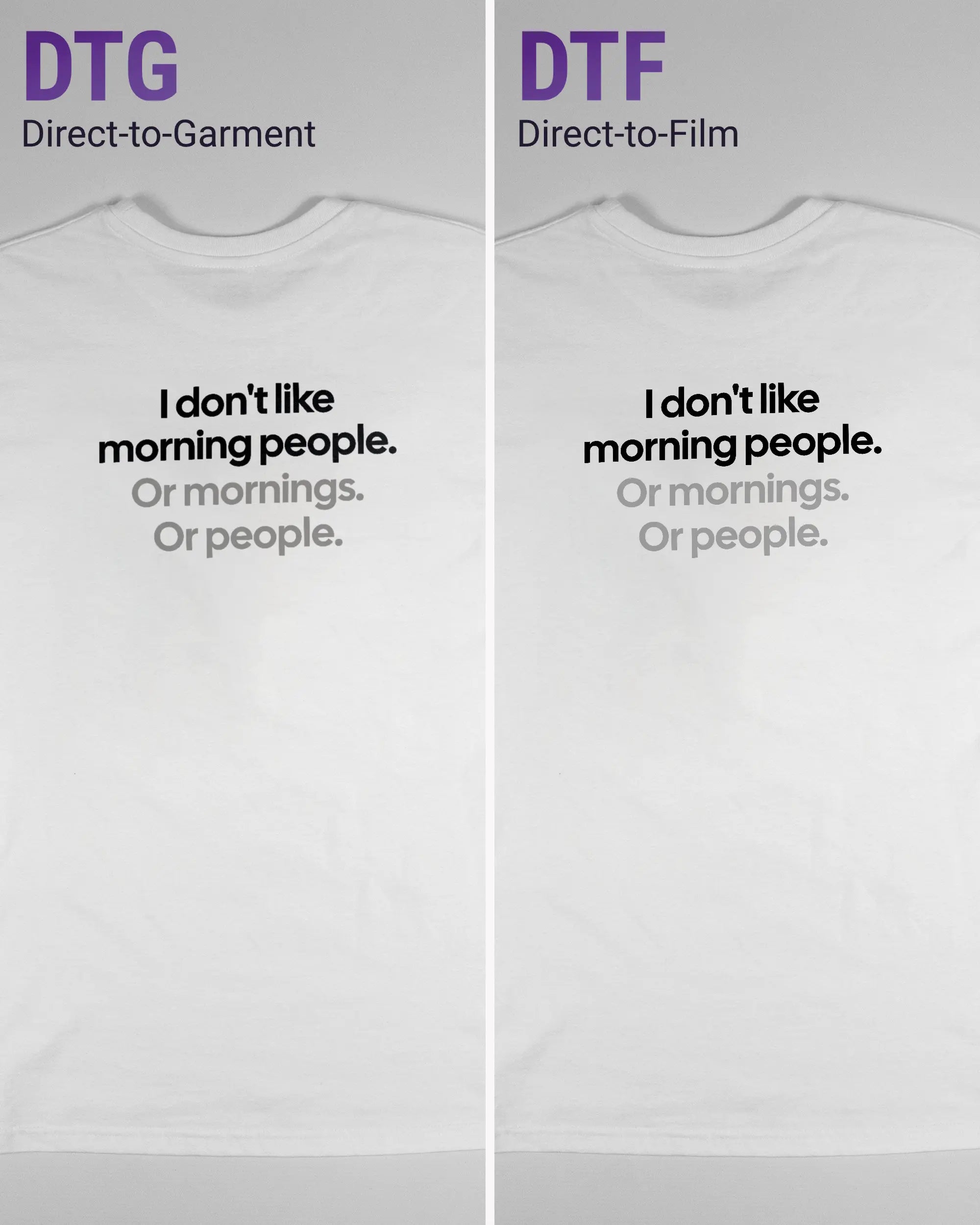 Vergleich der Rückseiten des Basic Unisex T-Shirt Soft von Maondo mit dem Design Morning Person in der Farbe White und in der Größe S links mit dem Direct-to-Garment und rechts mit dem Direct-to-Film Verfahren