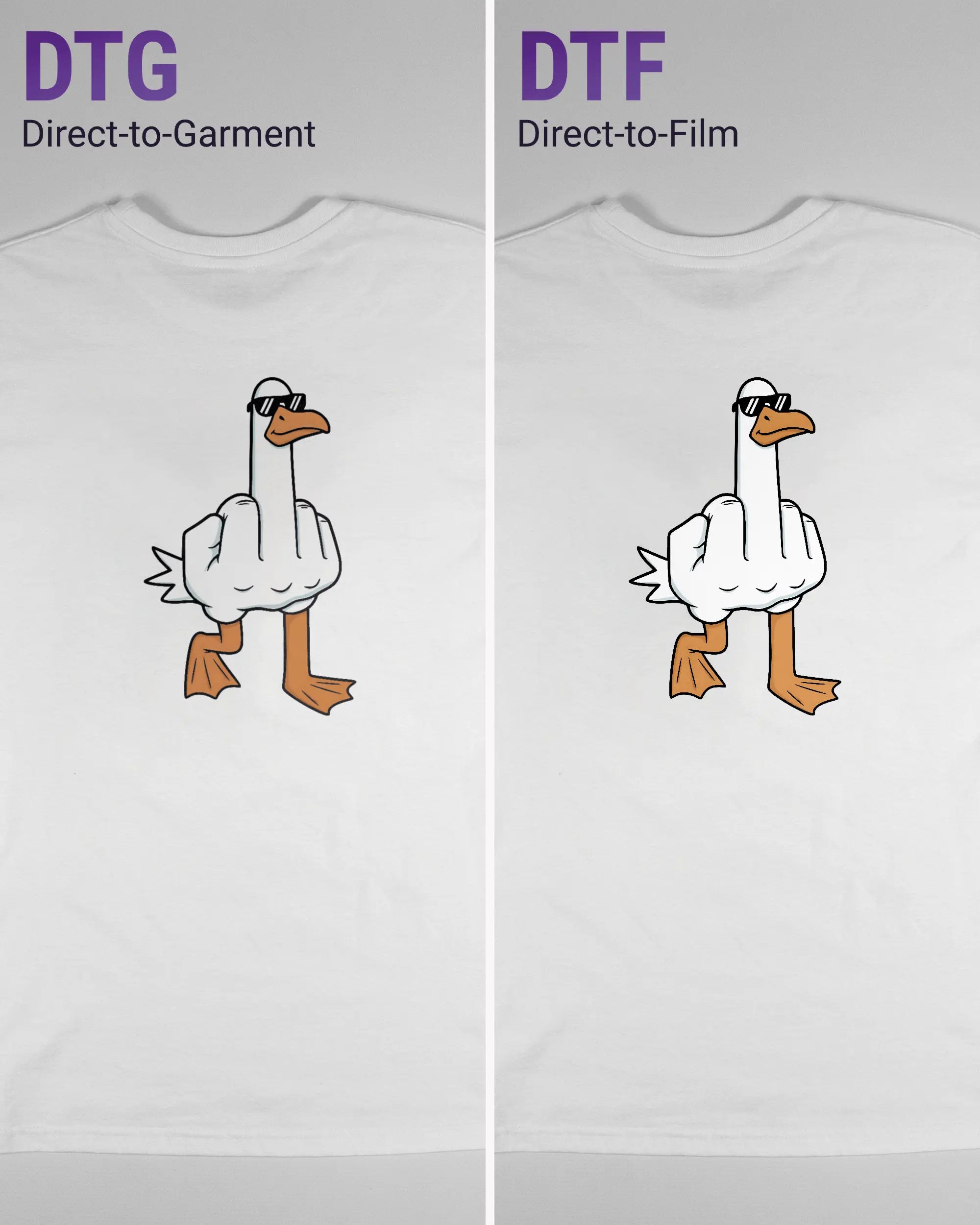 Vergleich der Rückseiten des Basic Unisex T-Shirt Soft von Maondo mit dem Design I give a duck in der Farbe White und in der Größe S links mit dem Direct-to-Garment und rechts mit dem Direct-to-Film Verfahren