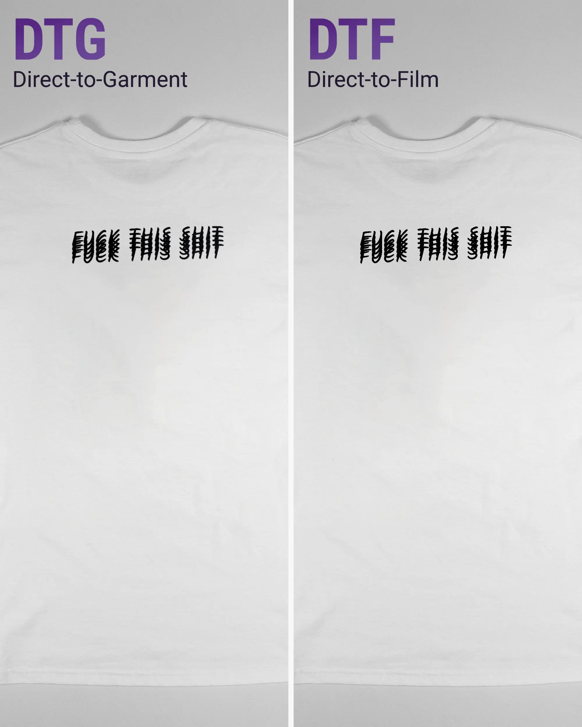 Vergleich der Rückseiten des Basic Unisex T-Shirt Soft von Maondo mit dem Design Hidden Message in der Farbe White und in der Größe S links mit dem Direct-to-Garment und rechts mit dem Direct-to-Film Verfahren