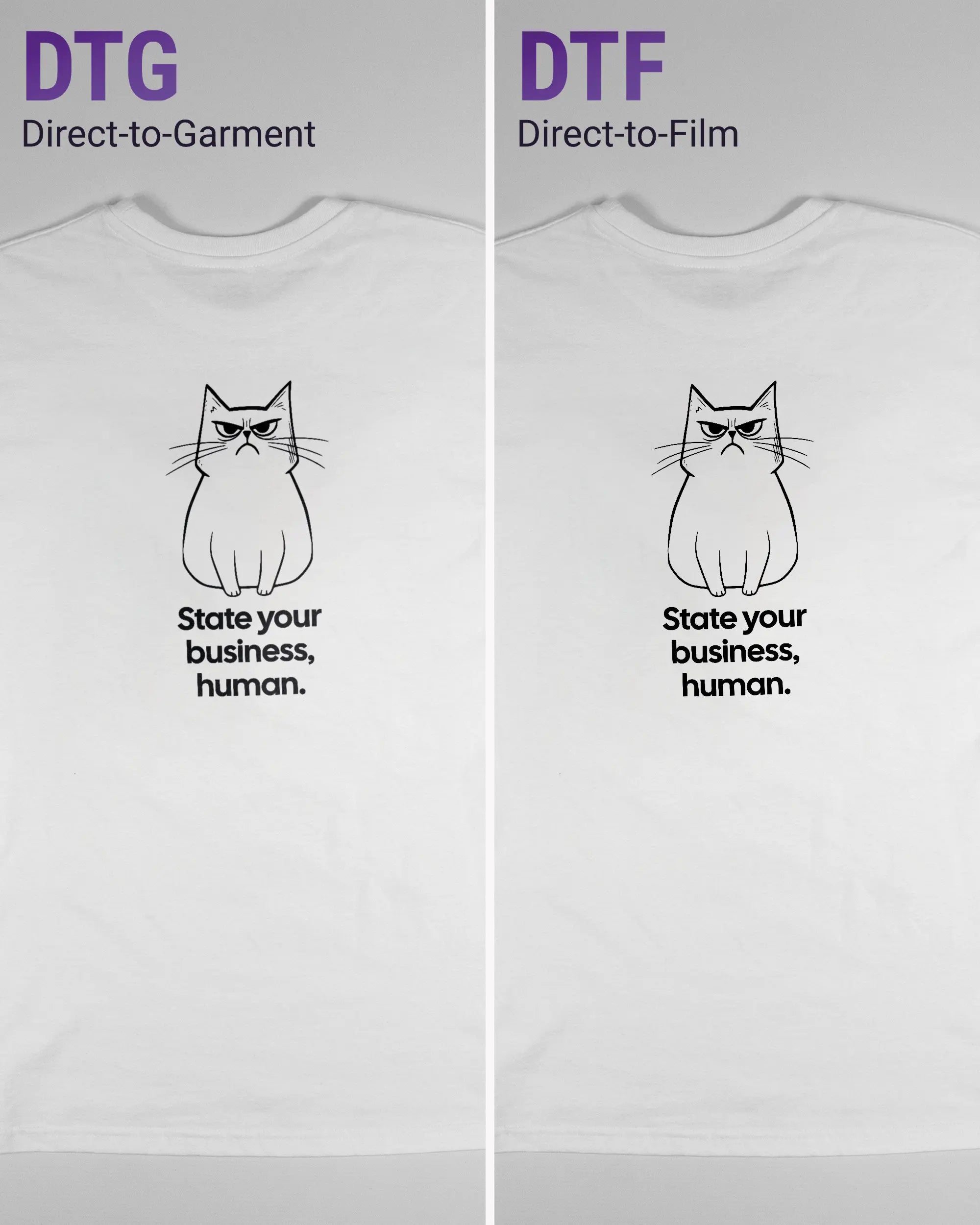 Vergleich der Rückseiten des Basic Unisex T-Shirt Soft von Maondo mit dem Design Grumpy Purr in der Farbe White und in der Größe S links mit dem Direct-to-Garment und rechts mit dem Direct-to-Film Verfahren