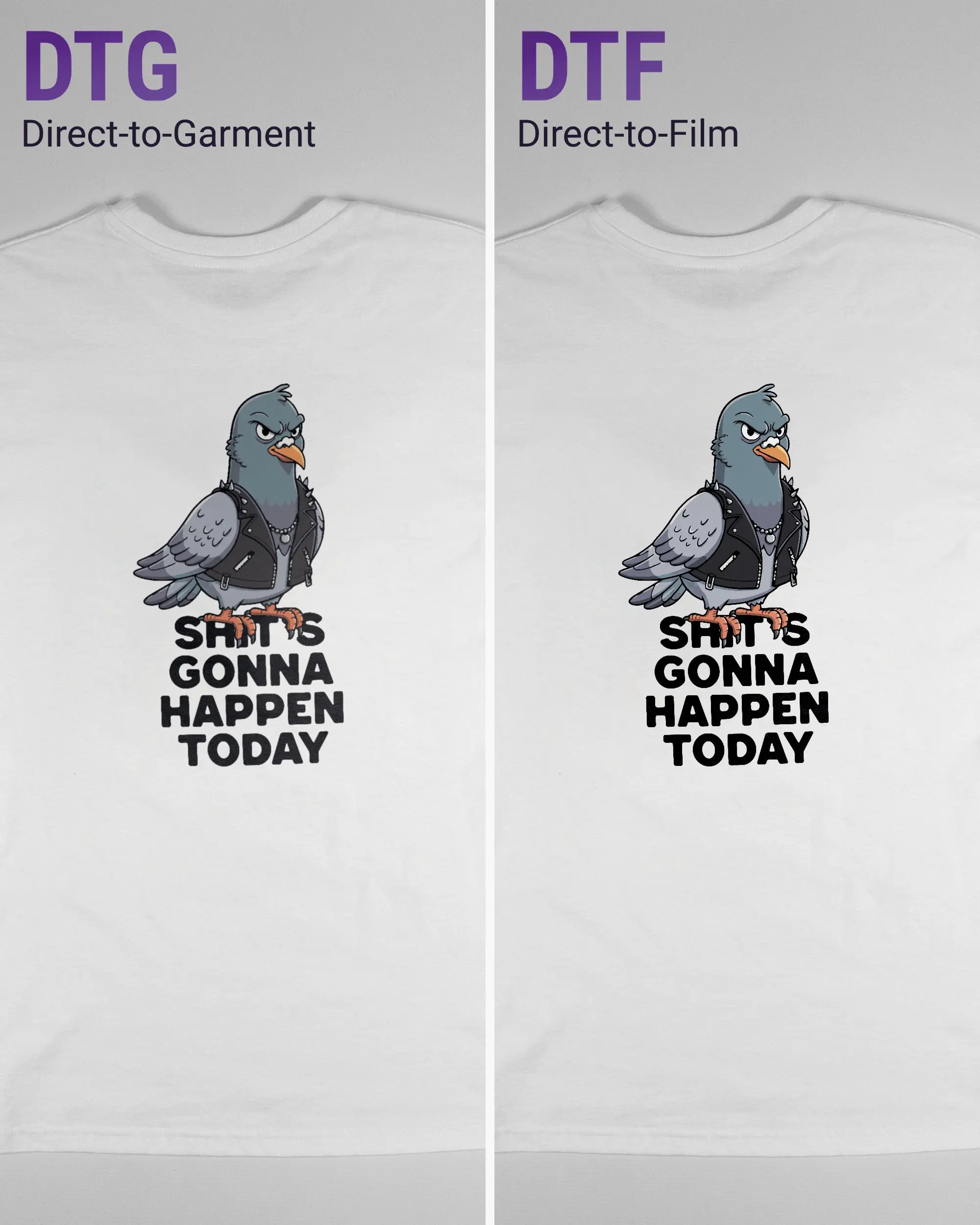 Vergleich der Rückseiten des Basic Unisex T-Shirt Soft von Maondo mit dem Design Pigeon Pun in der Farbe White und in der Größe S links mit dem Direct-to-Garment und rechts mit dem Direct-to-Film Verfahren