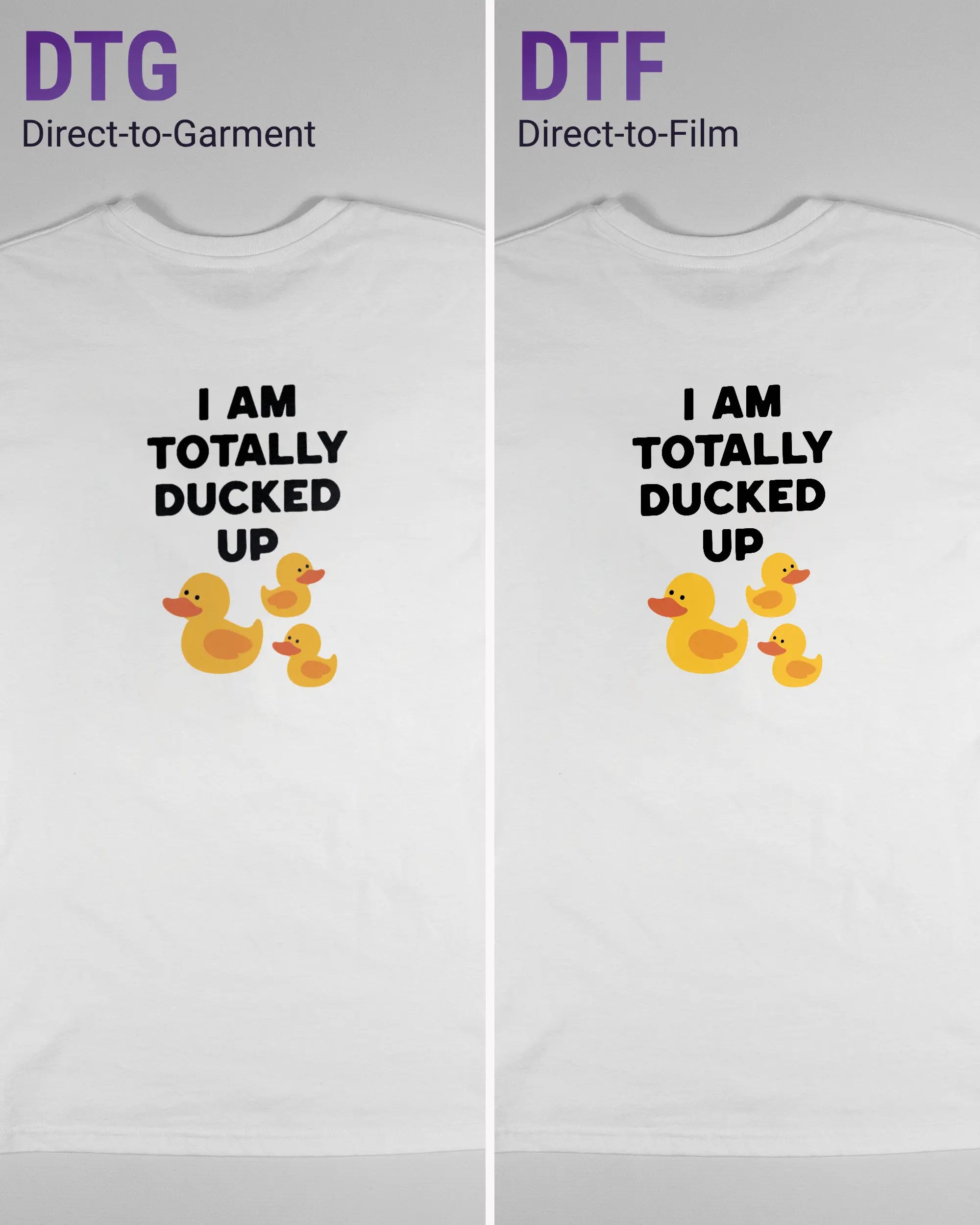 Vergleich der Rückseiten des Basic Unisex T-Shirt Soft von Maondo mit dem Design Ducked Up in der Farbe White und in der Größe S links mit dem Direct-to-Garment und rechts mit dem Direct-to-Film Verfahren