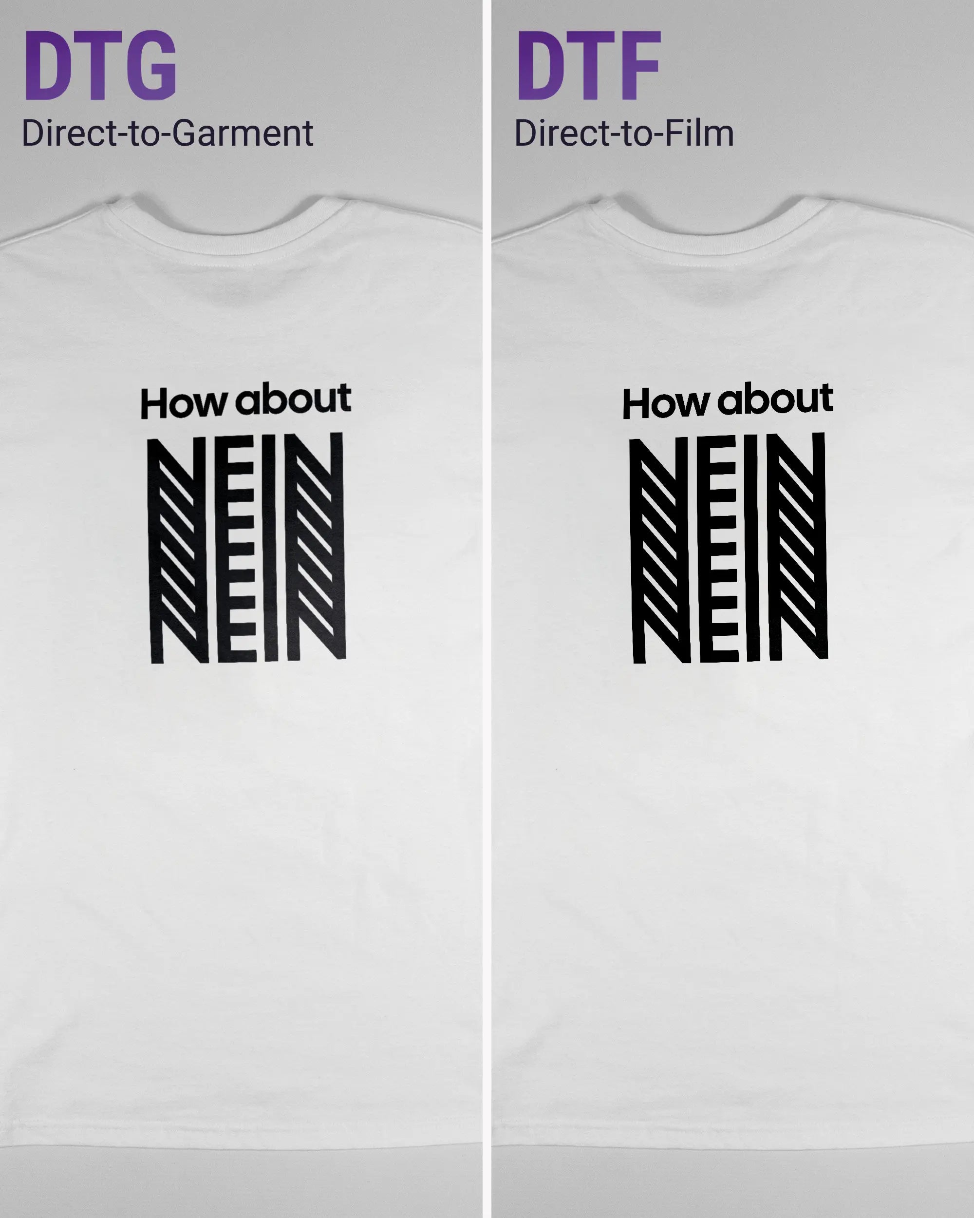 Vergleich der Rückseiten des Basic Unisex T-Shirt Soft von Maondo mit dem Design How about nein in der Farbe White und in der Größe S links mit dem Direct-to-Garment und rechts mit dem Direct-to-Film Verfahren