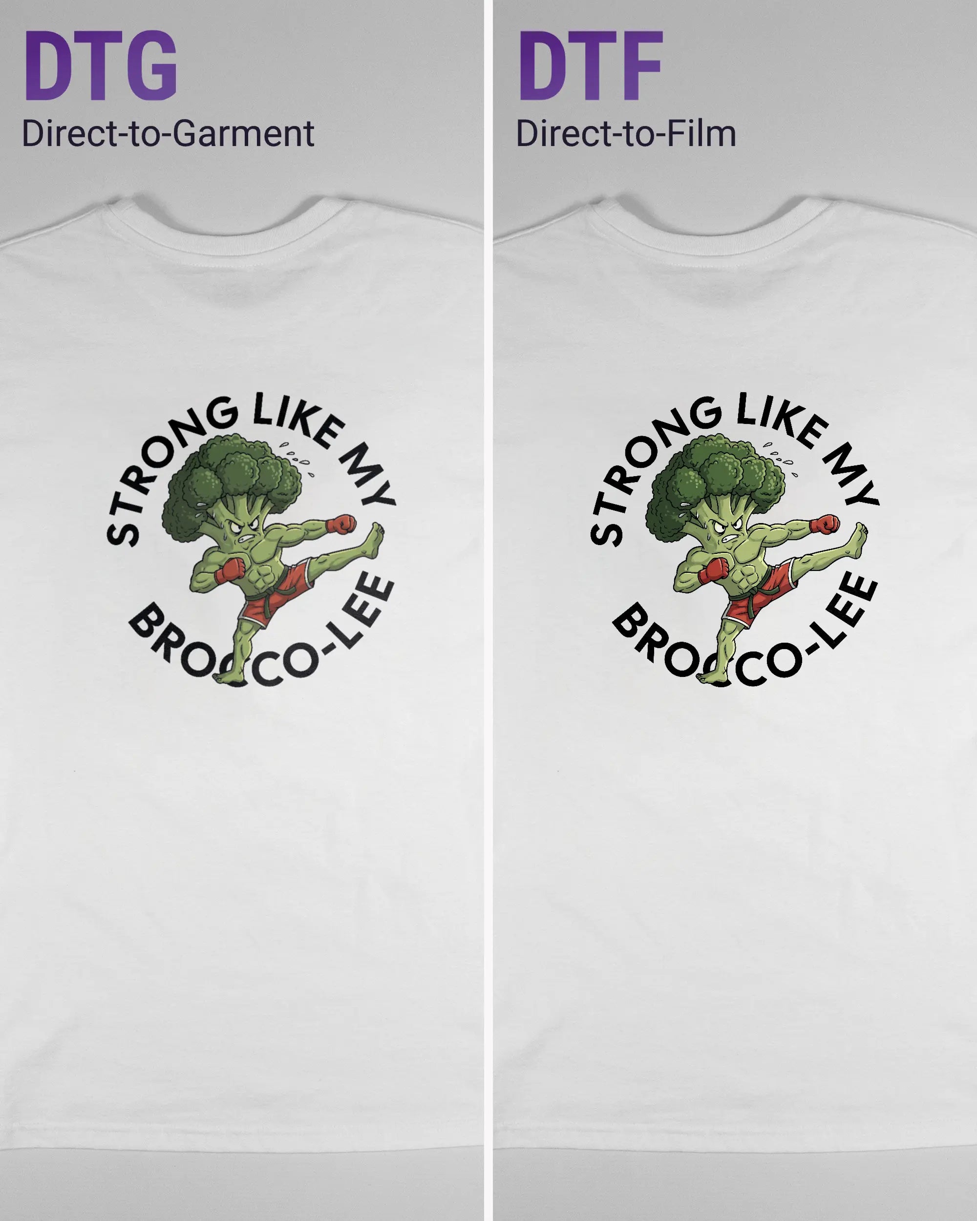 Vergleich der Rückseiten des Basic Unisex T-Shirt Soft von Maondo mit dem Design Brocco-Lee in der Farbe White und in der Größe S links mit dem Direct-to-Garment und rechts mit dem Direct-to-Film Verfahren