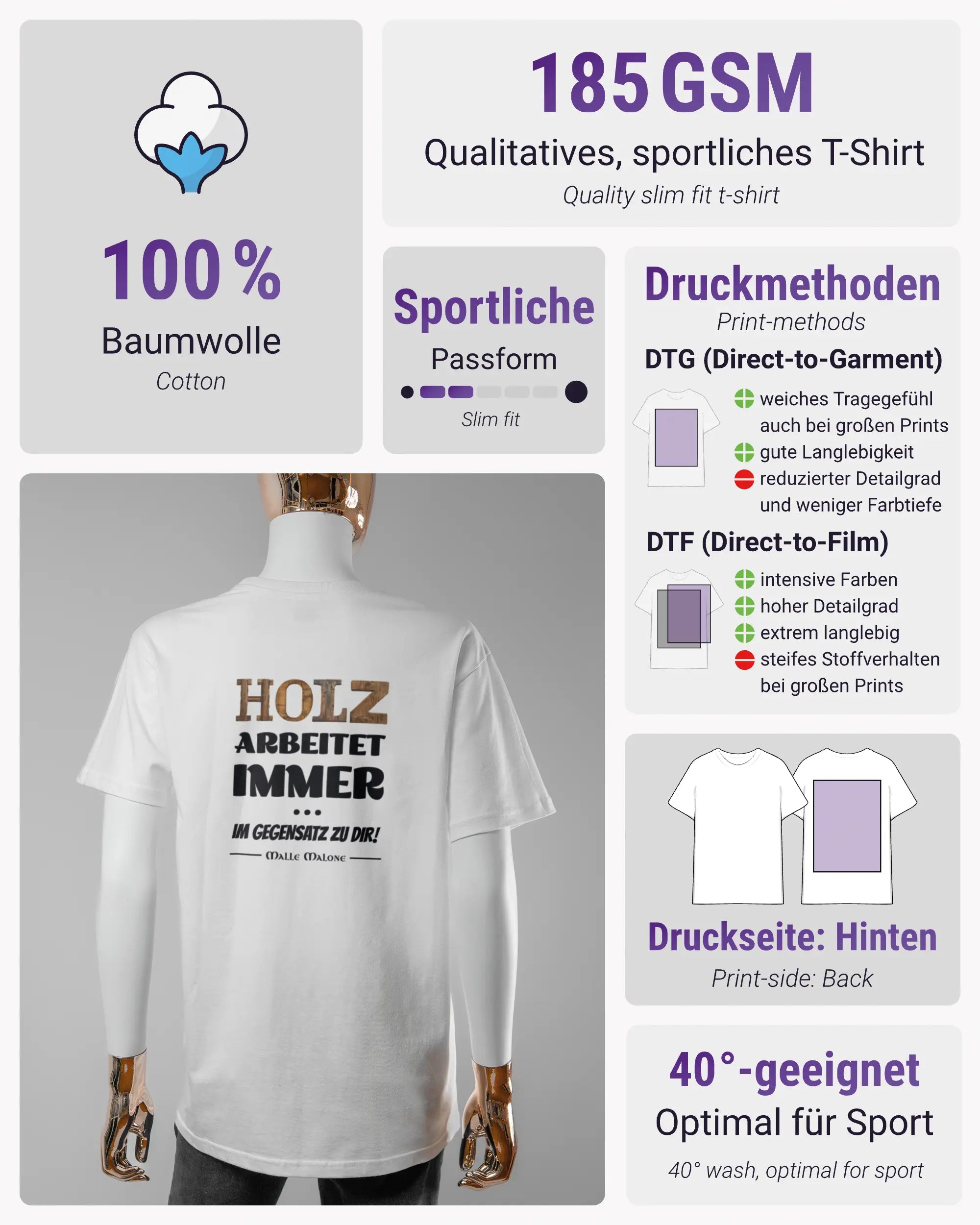 Produktinformationsblatt des Basic Unisex T-Shirt Soft von Maondo mit dem Design Holzarbeit hinten in der Farbe White und in der Größe S