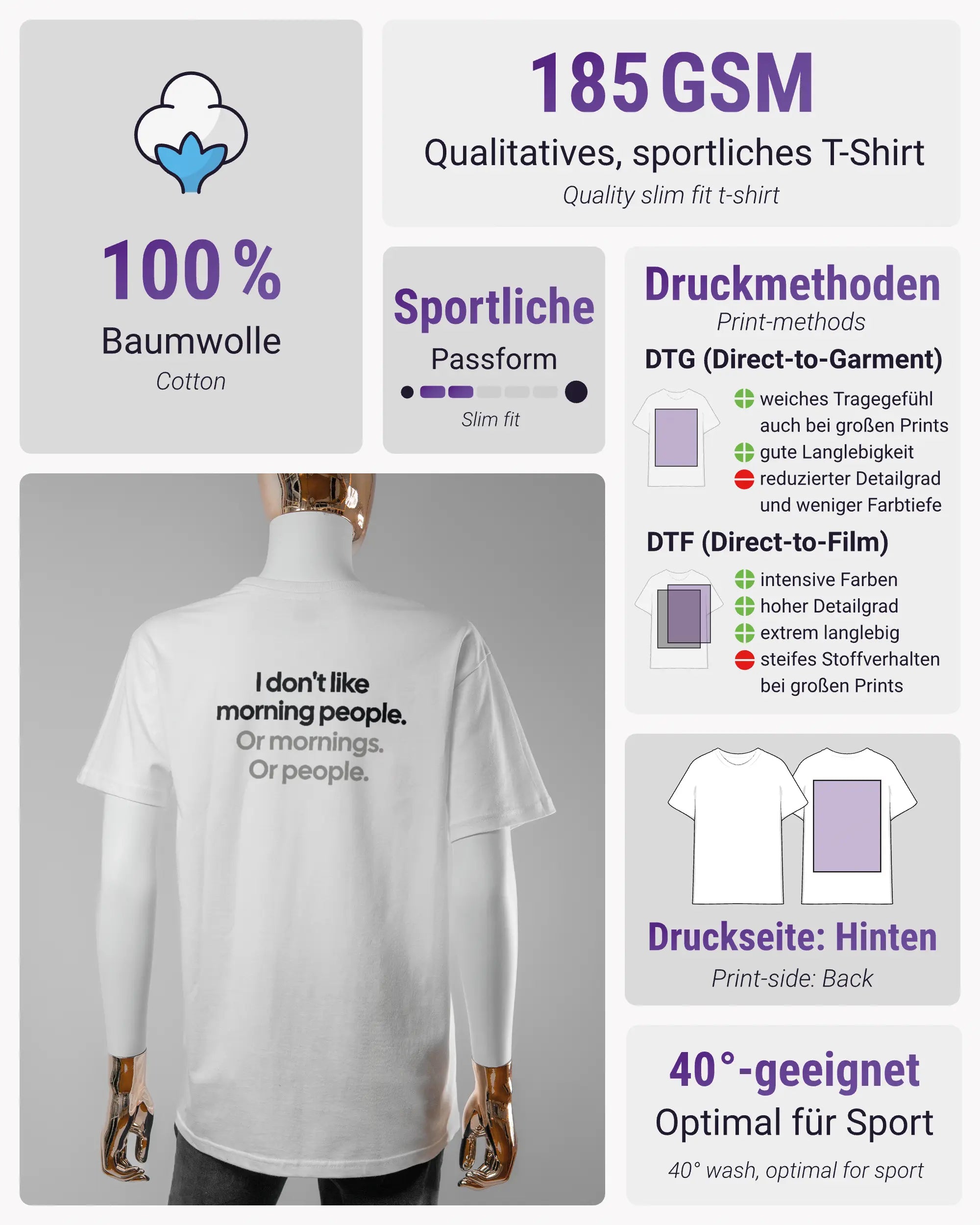 Produktinformationsblatt des Basic Unisex T-Shirt Soft von Maondo mit dem Design Morning Person hinten in der Farbe White und in der Größe S