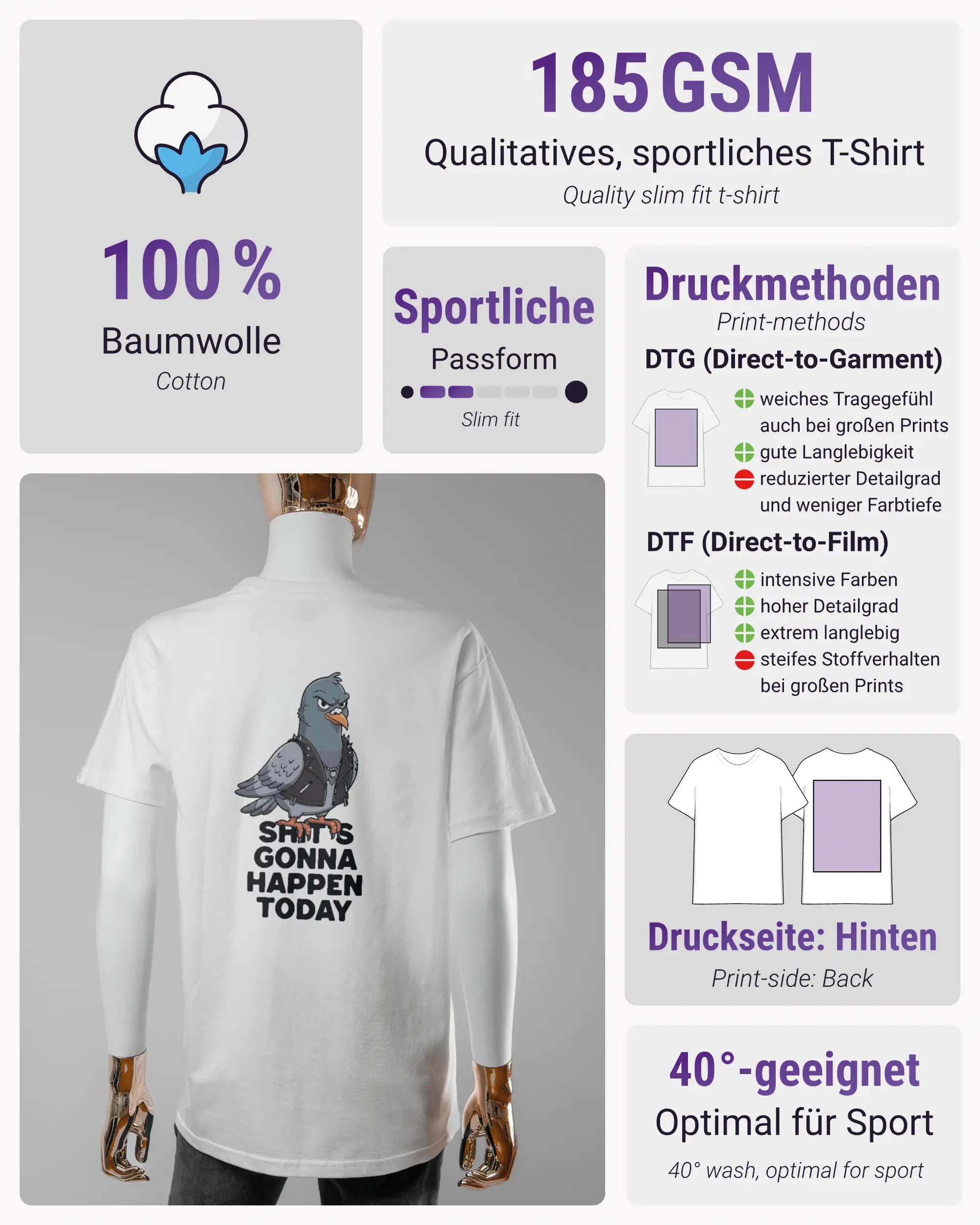 Produktinformationsblatt des Basic Unisex T-Shirt Soft von Maondo mit dem Design Pigeon Pun hinten in der Farbe White und in der Größe S