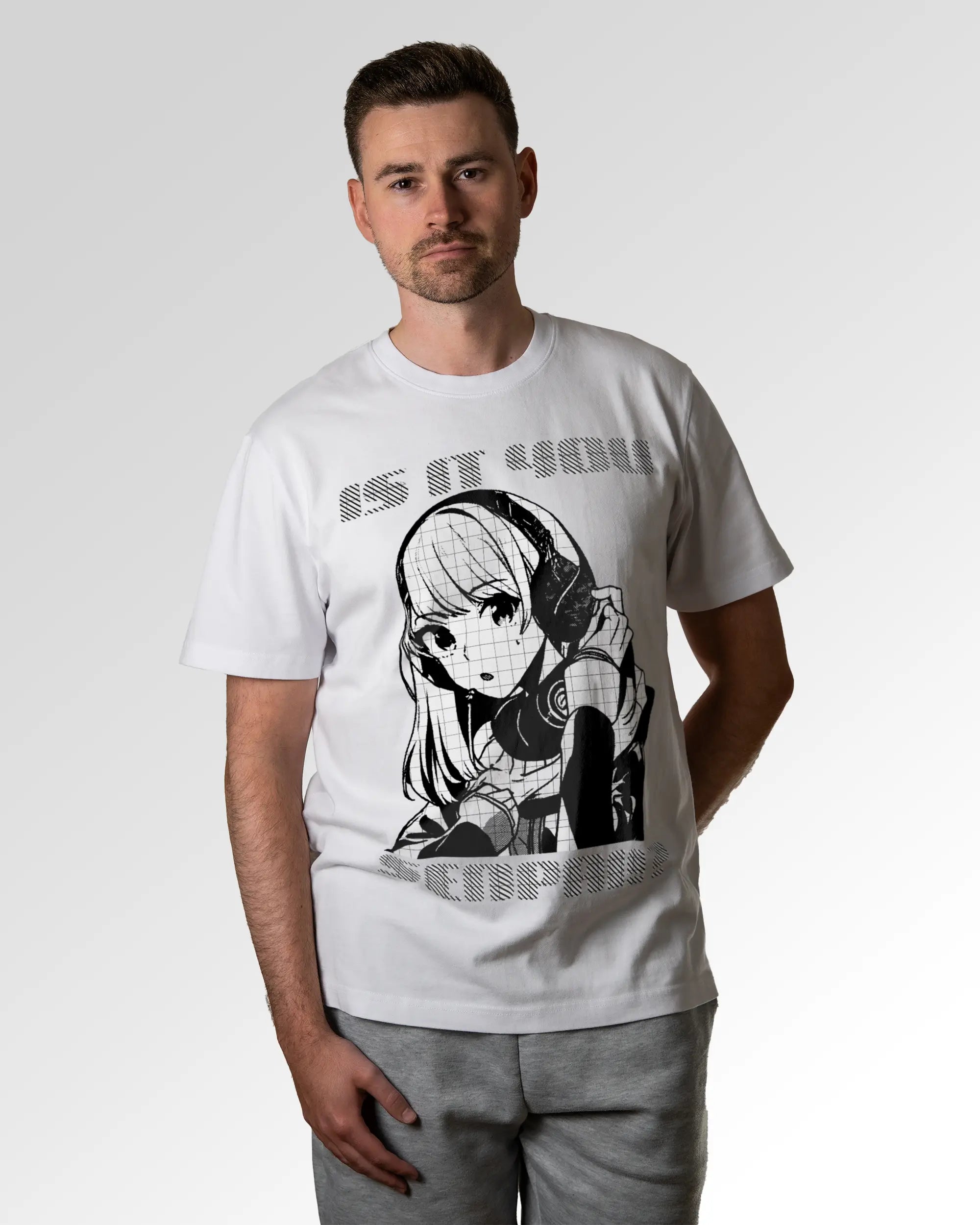 Primärer Modelshot der Druckseite des Organic Unisex T-Shirts von Maondo im Heavy Fit mit dem Design Senpai it is in der Farbe White