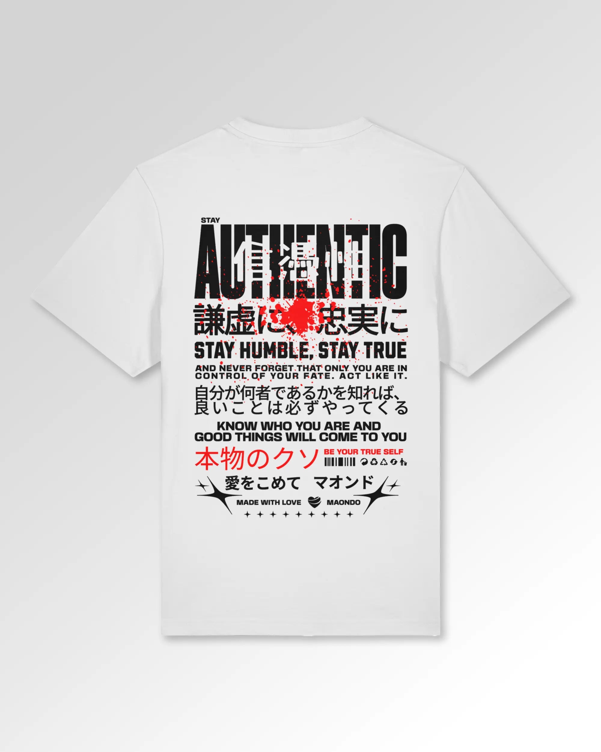Packshot der sekundären Druckseite des Organic Unisex T-Shirts von Maondo im Relaxed Fit mit dem Design Authentic Shit in der Farbe White