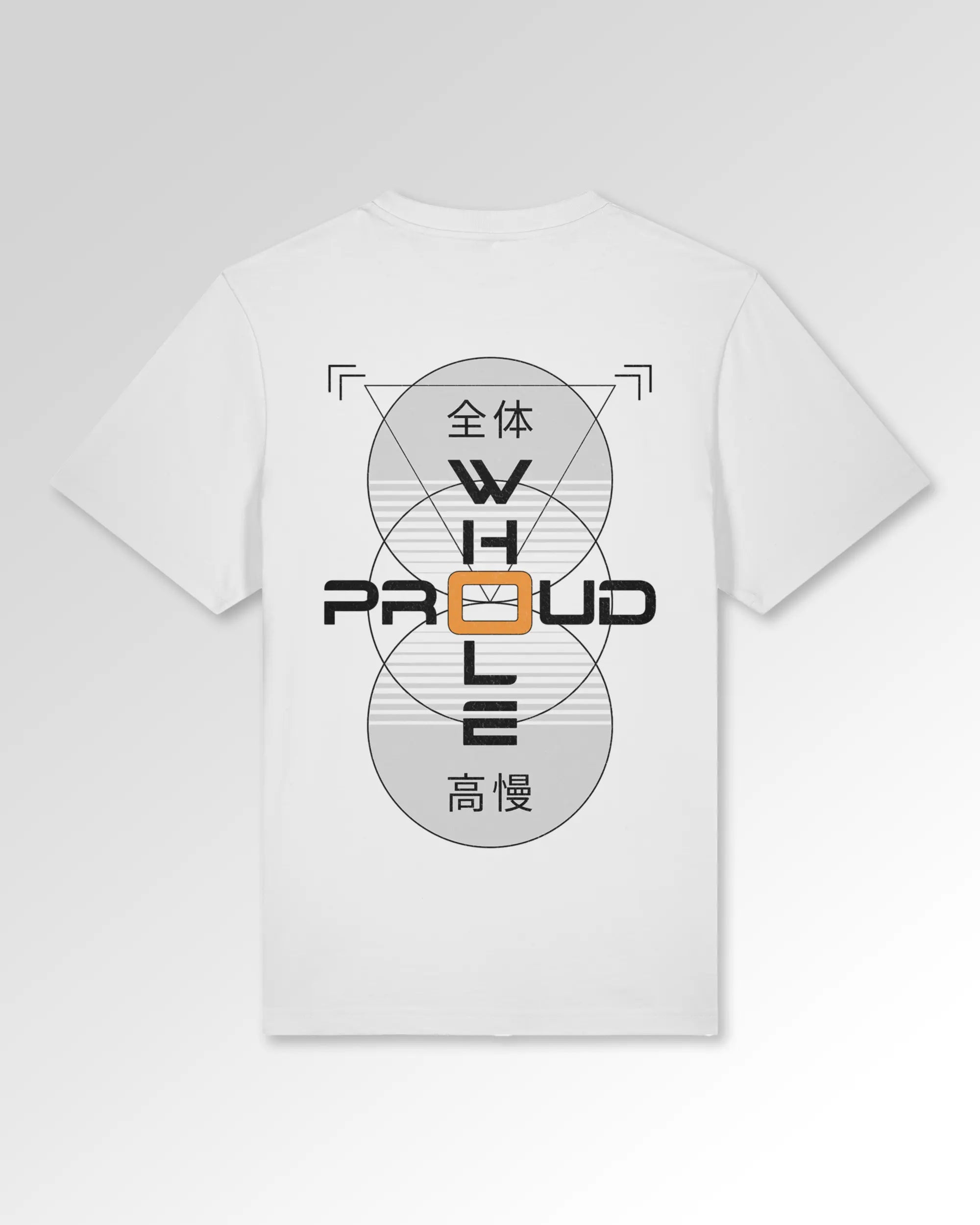 Packshot der sekundären Druckseite des Organic Unisex T-Shirts von Maondo im Relaxed Fit mit dem Design Whole and proud in der Farbe White