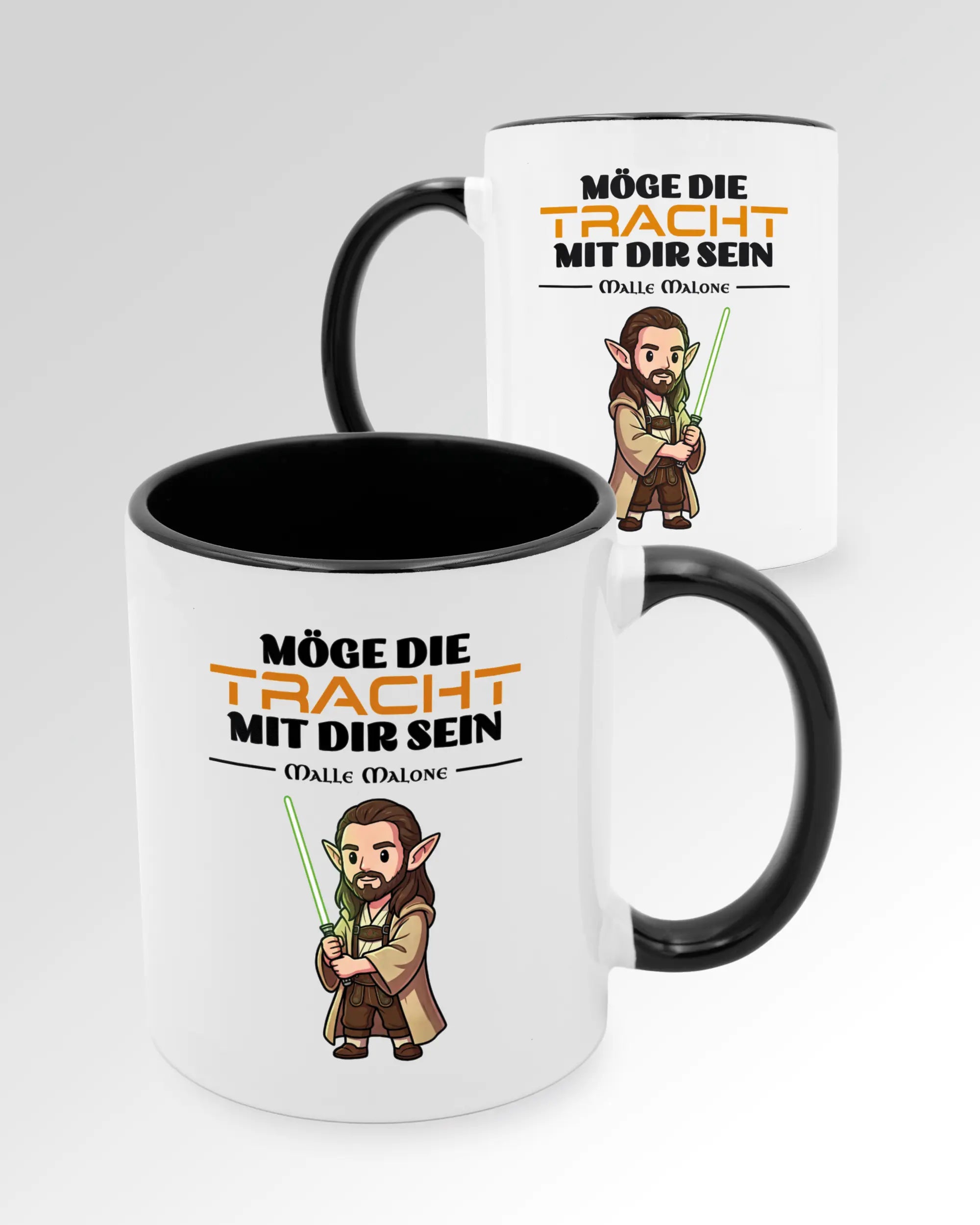 Seitenansicht der beidseitig bedruckten Keramiktasse von Maondo mit dem Design Tracht mit dir in der Farbe Duotone