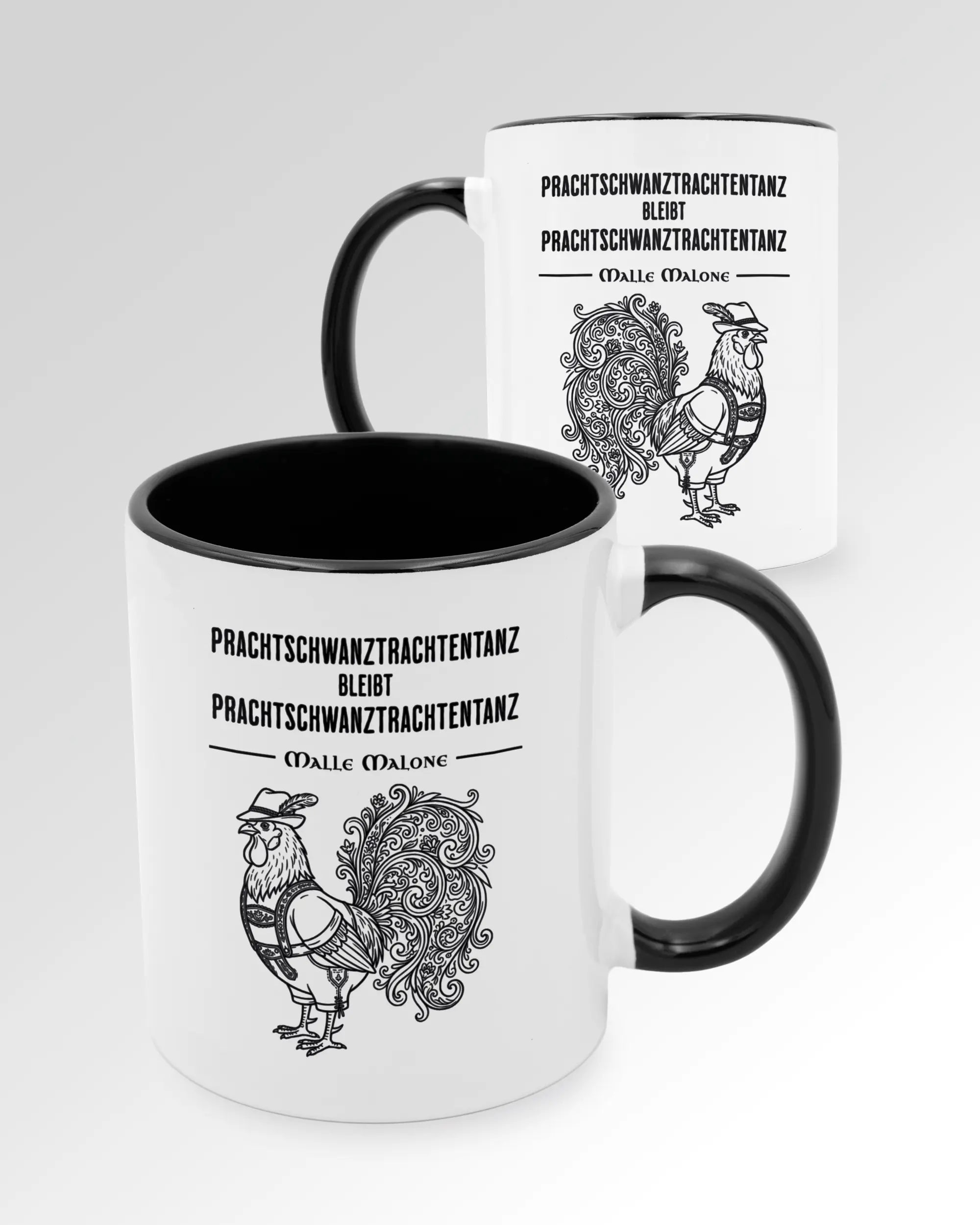 Seitenansicht der beidseitig bedruckten Keramiktasse von Maondo mit dem Design Trachtentanz in der Farbe Duotone