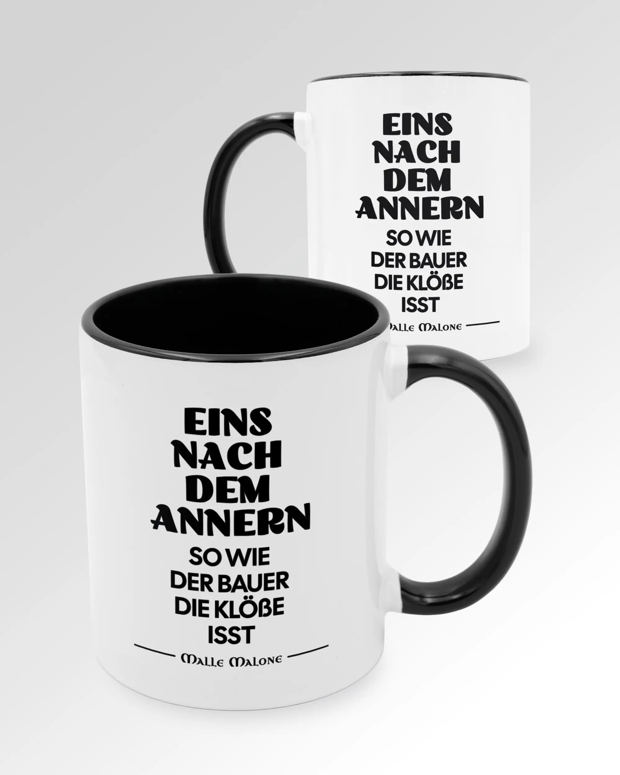 Seitenansicht der beidseitig bedruckten Keramiktasse von Maondo mit dem Design Eins nach dem Annern in der Farbe Duotone