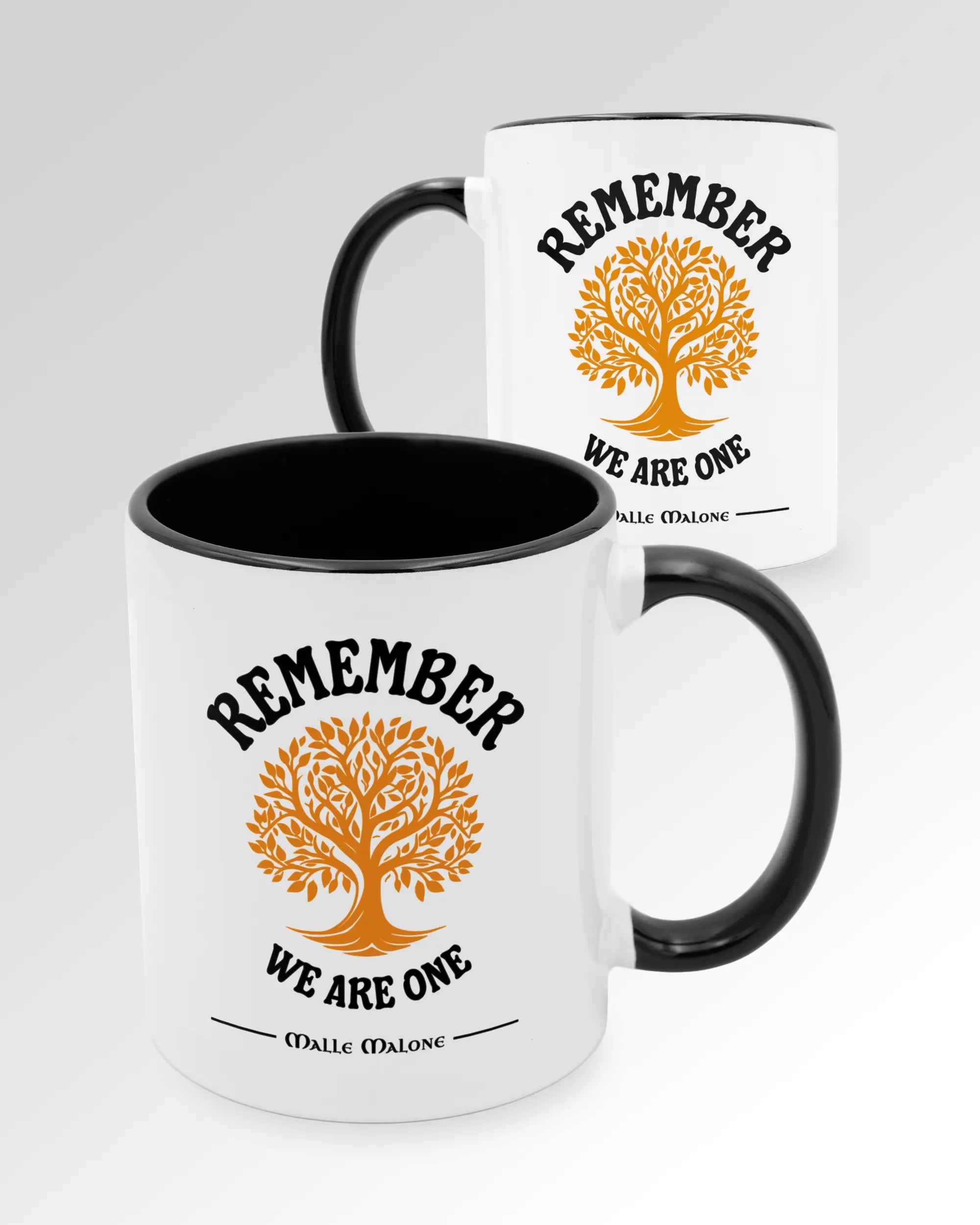 Seitenansicht der beidseitig bedruckten Keramiktasse von Maondo mit dem Design We are one in der Farbe Duotone