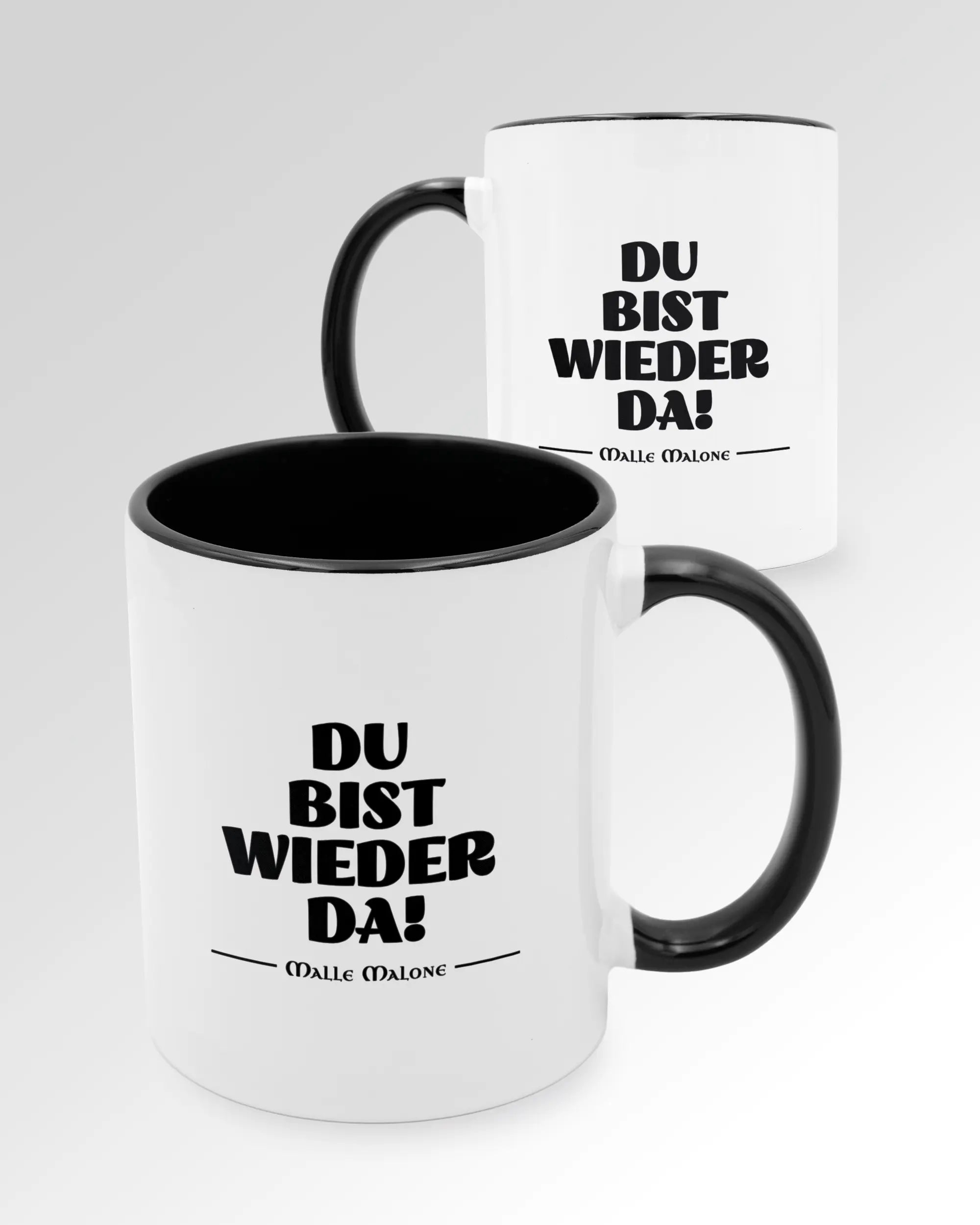 Seitenansicht der beidseitig bedruckten Keramiktasse von Maondo mit dem Design Wieder da in der Farbe Duotone